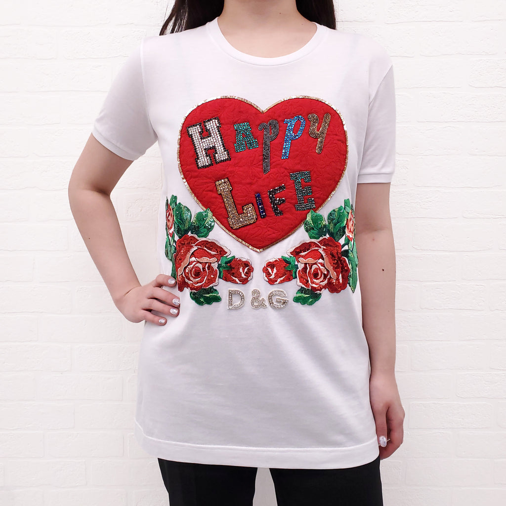 DOLCE & GABBANA WHITE EMBELLISHED T-SHIRT - SIZE 38
