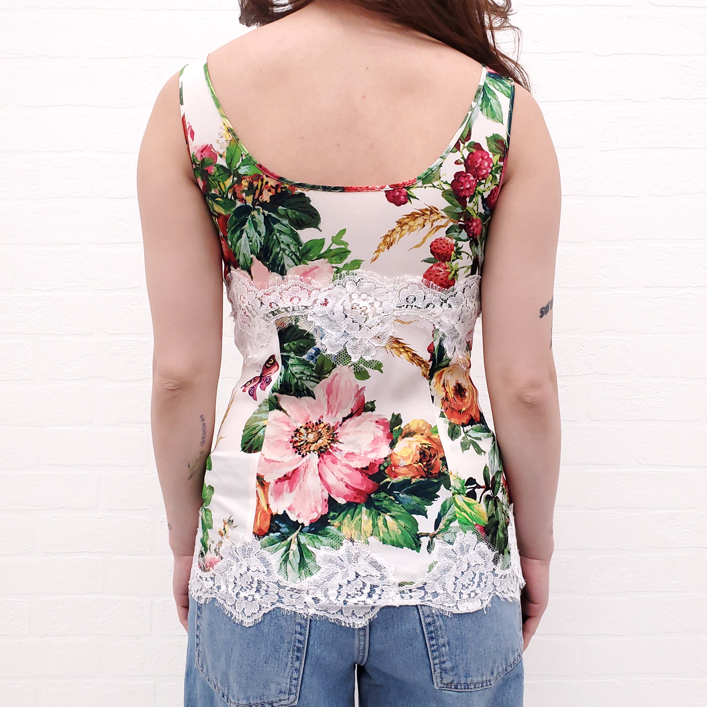 DOLCE & GABBANA WHITE FLORAL SLEEVELESS BLOUSE WITH LACE- SIZE 36