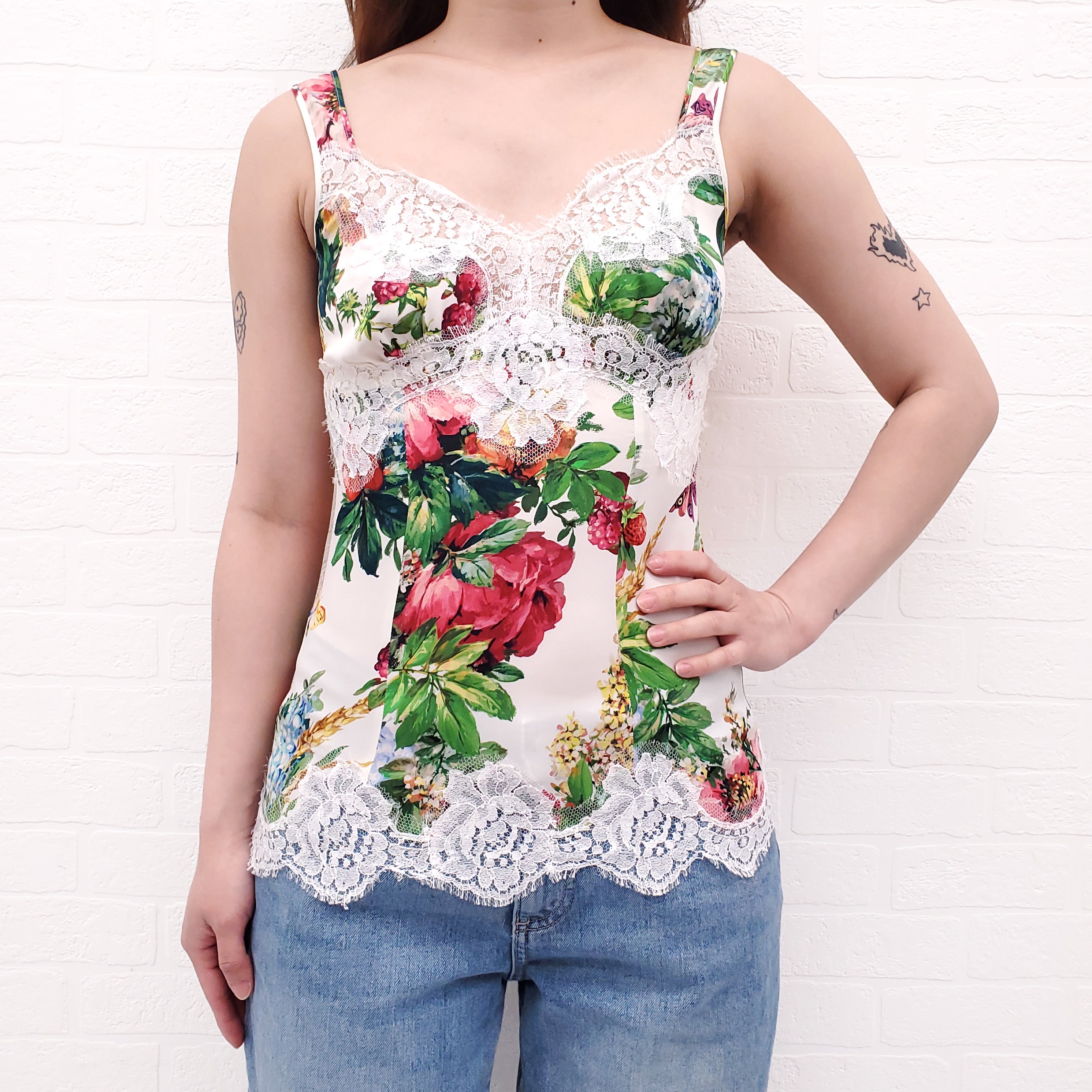 DOLCE & GABBANA WHITE FLORAL SLEEVELESS BLOUSE WITH LACE- SIZE 36