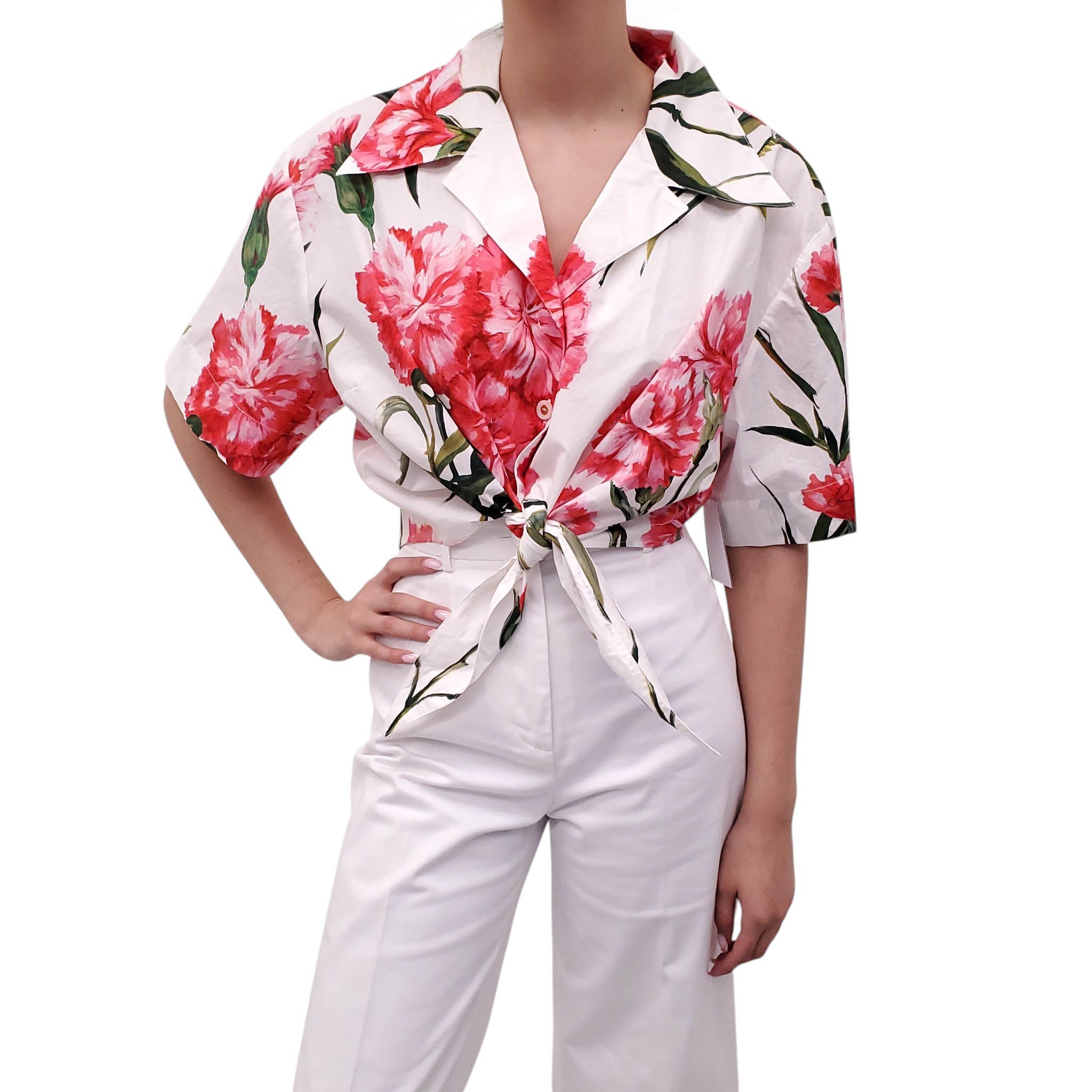 DOLCE & GABBANA WHITE FLORAL TIE-UP BLOUSE - SIZE 52