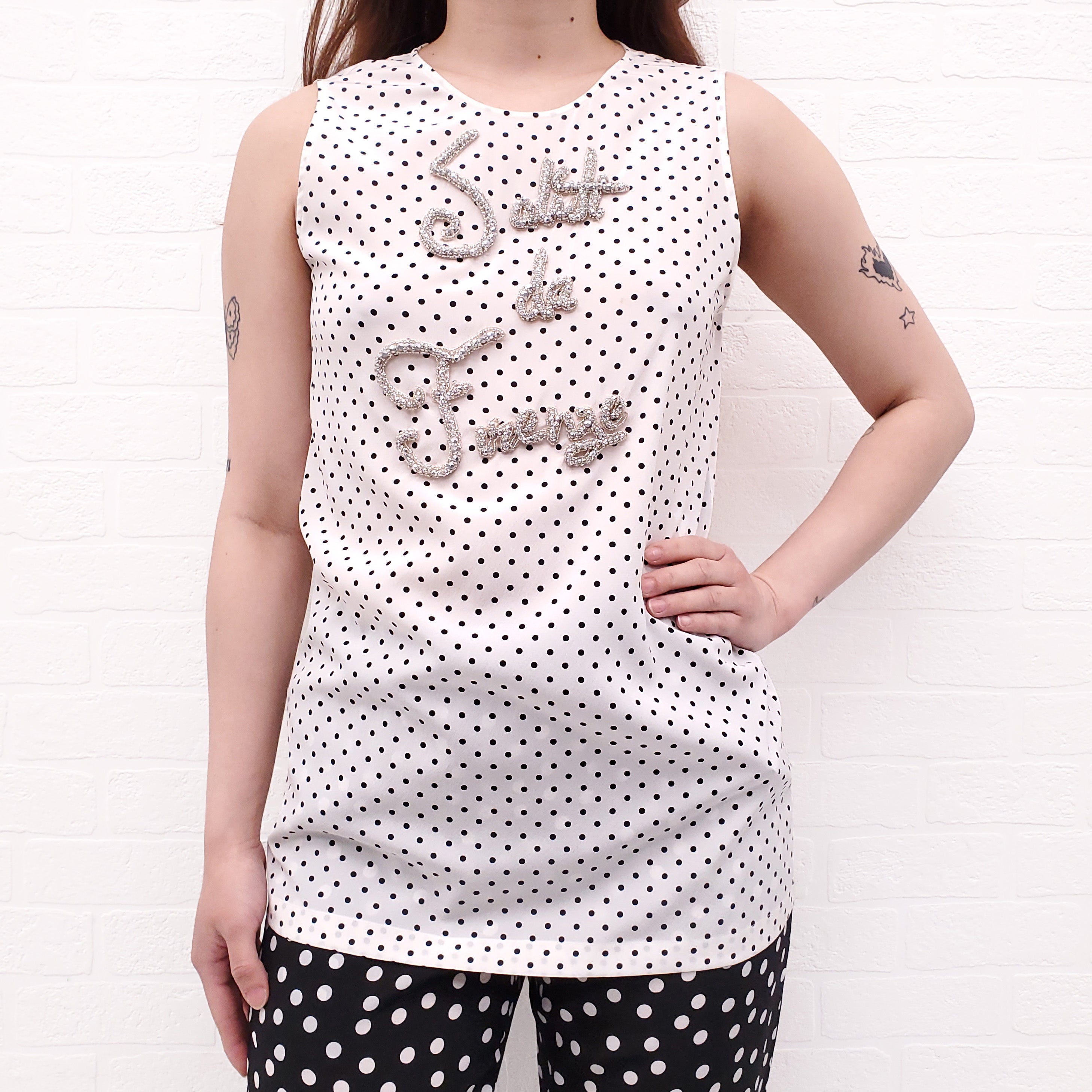 DOLCE & GABBANA WHITE POLKA DOT EMBELLISHED SLEEVELESS BLOUSE - SIZE 38