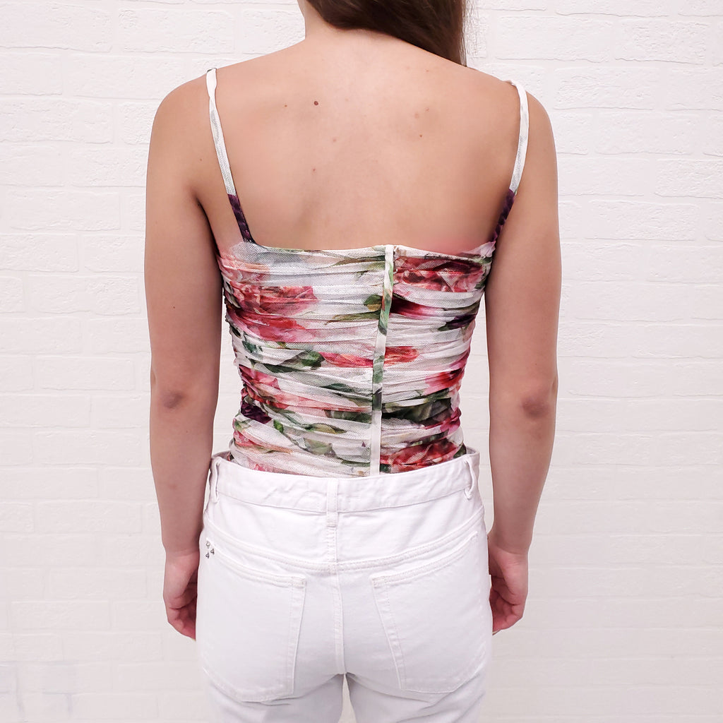 DOLCE & GABBANA WHITE ROUCHED FLORAL MESH TANK TOP - SIZE 40