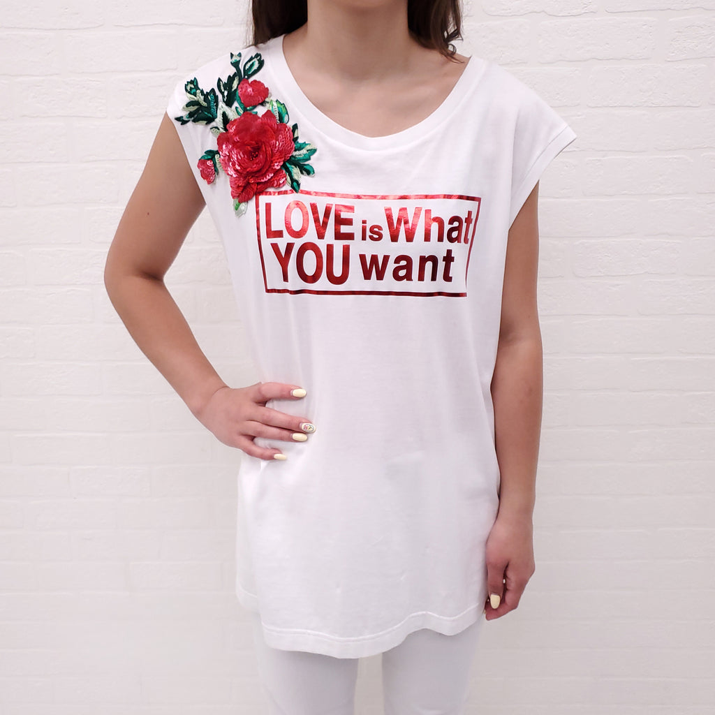 DOLCE & GABBANA 'LOVE IS WHAT YOU WANT' T-SHIRT WITH SEQUIN FLORAL DETIAL - SIZE 38