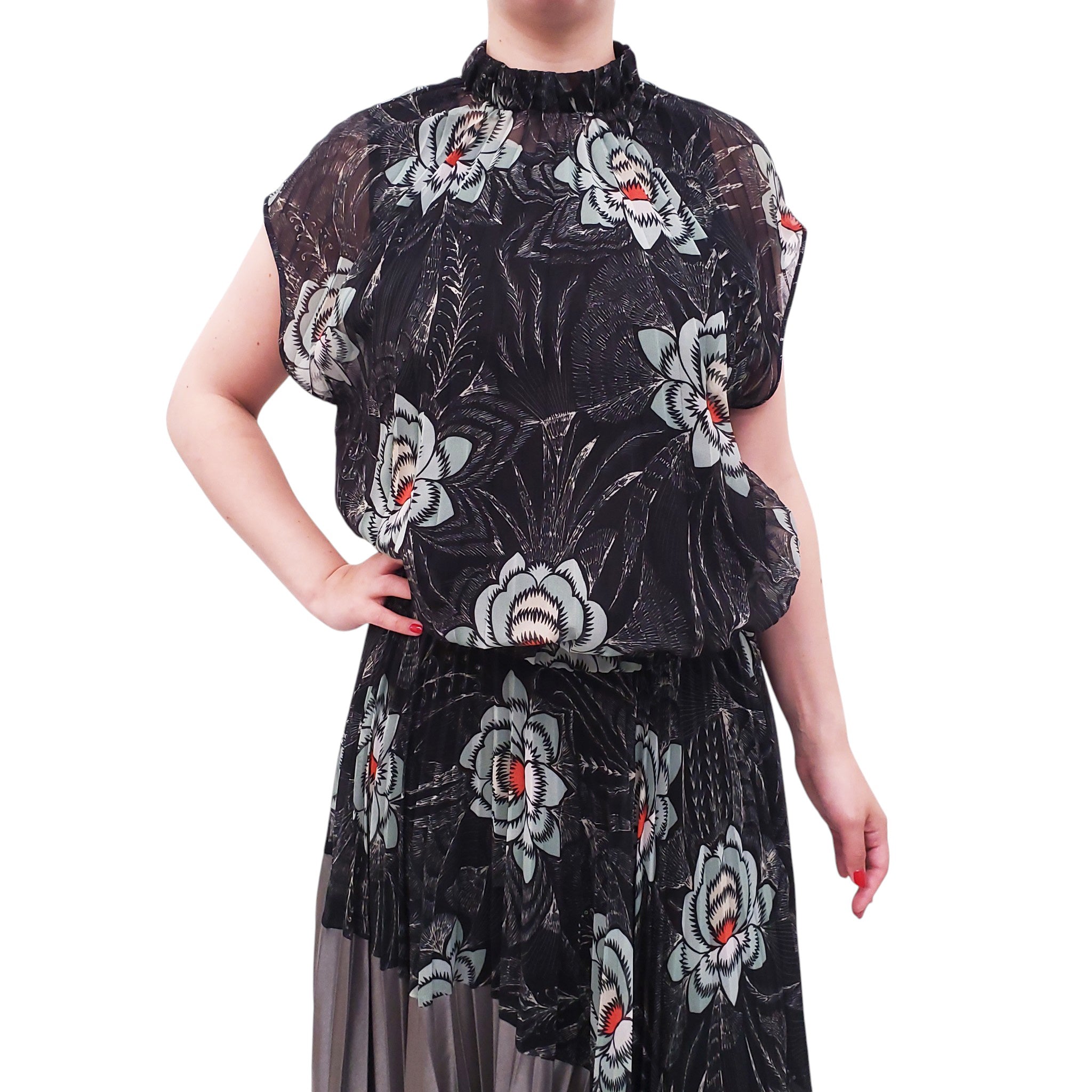 DRIES VAN NOTEN BLACK AND BLUE PATTERNED PLEATED SET - SIZE 38/40