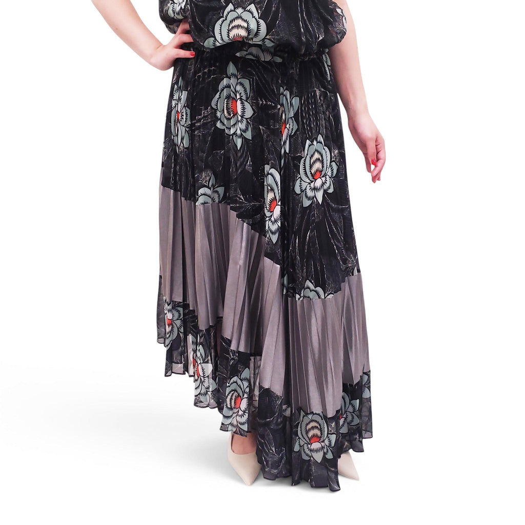 DRIES VAN NOTEN BLACK AND BLUE PATTERNED PLEATED SET - SIZE 38/40