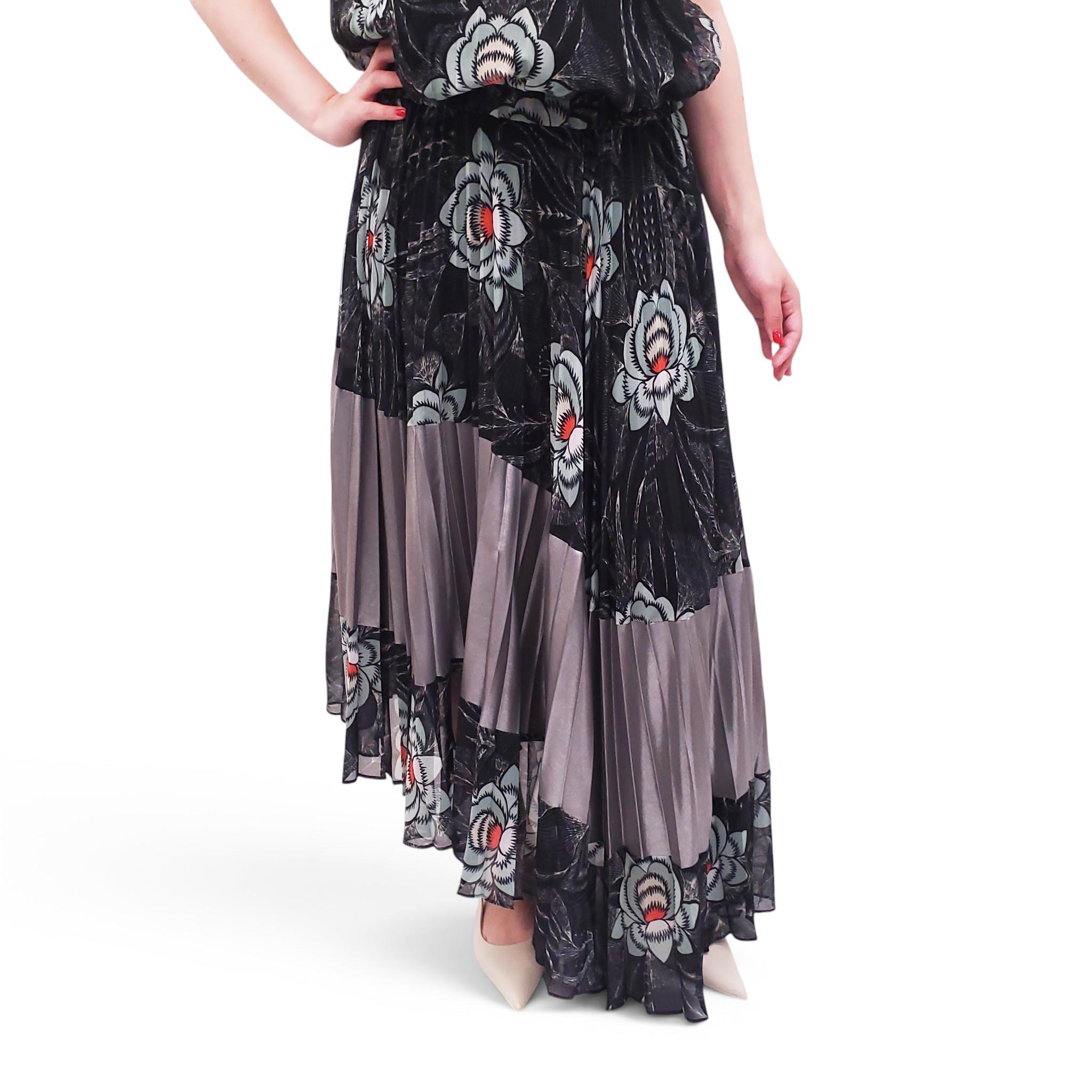 DRIES VAN NOTEN BLACK AND BLUE PATTERNED PLEATED SET - SIZE 38/40