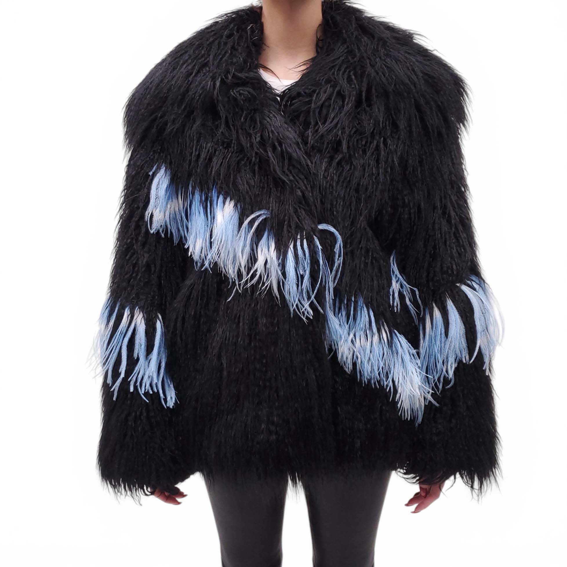 DRIES VAN NOTEN BLACK FAUX FUR COAT WITH BLUE FEATHERS - SIZE M