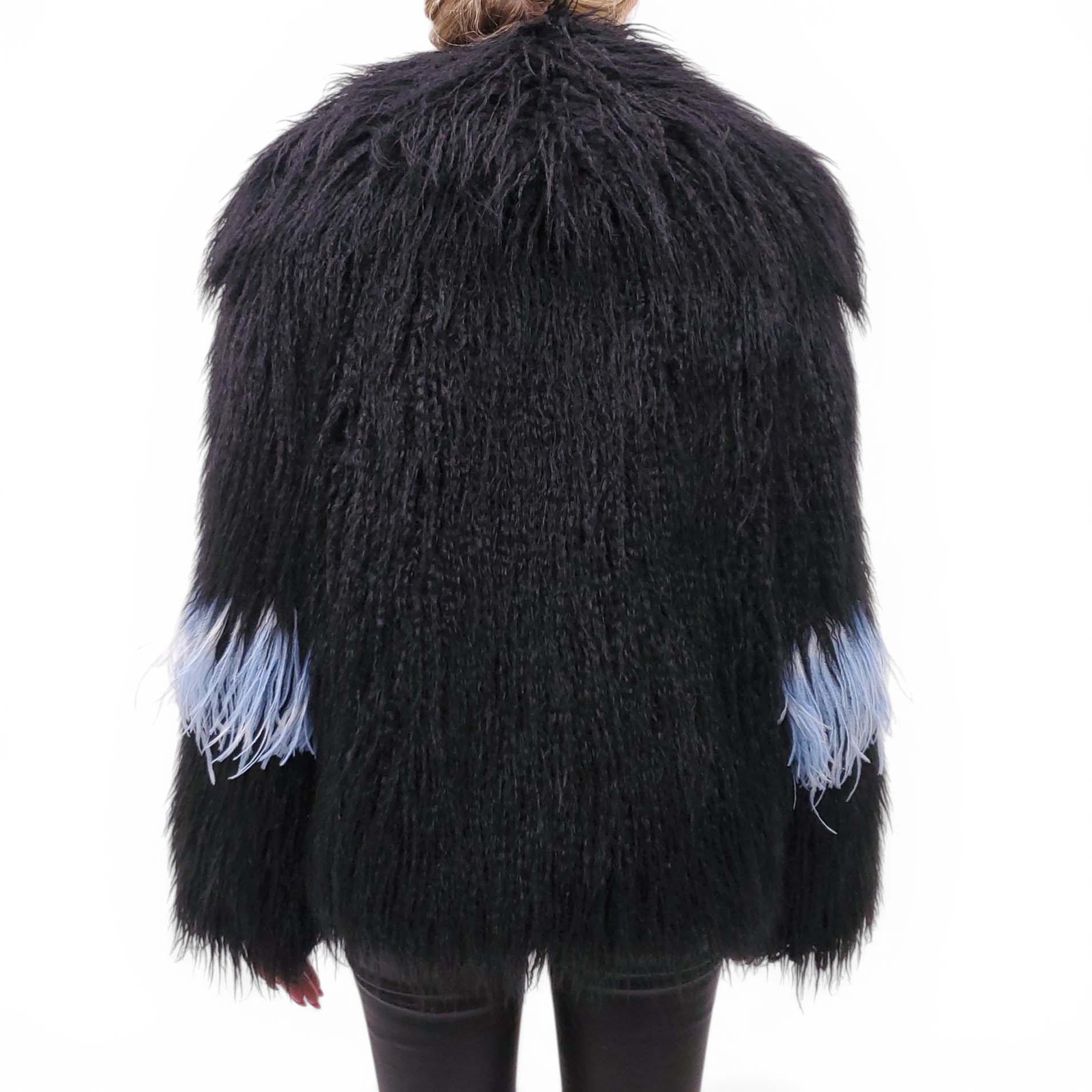 DRIES VAN NOTEN BLACK FAUX FUR COAT WITH BLUE FEATHERS - SIZE M