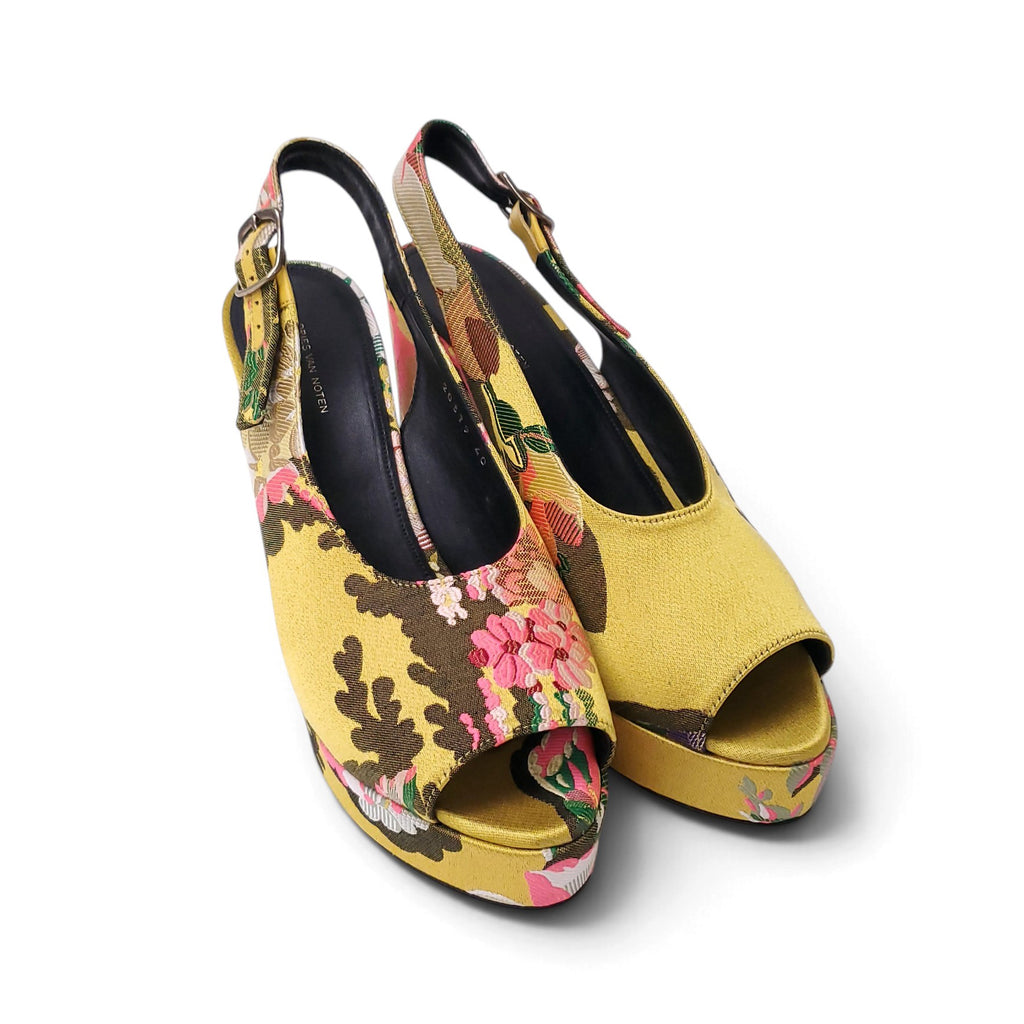 DRIES VAN NOTEN FLORAL YELLOW SLINGBACK HEELS - SIZE 40