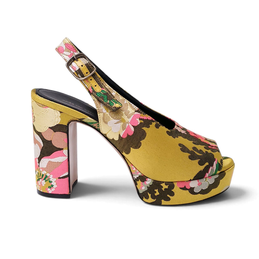DRIES VAN NOTEN FLORAL YELLOW SLINGBACK HEELS - SIZE 40