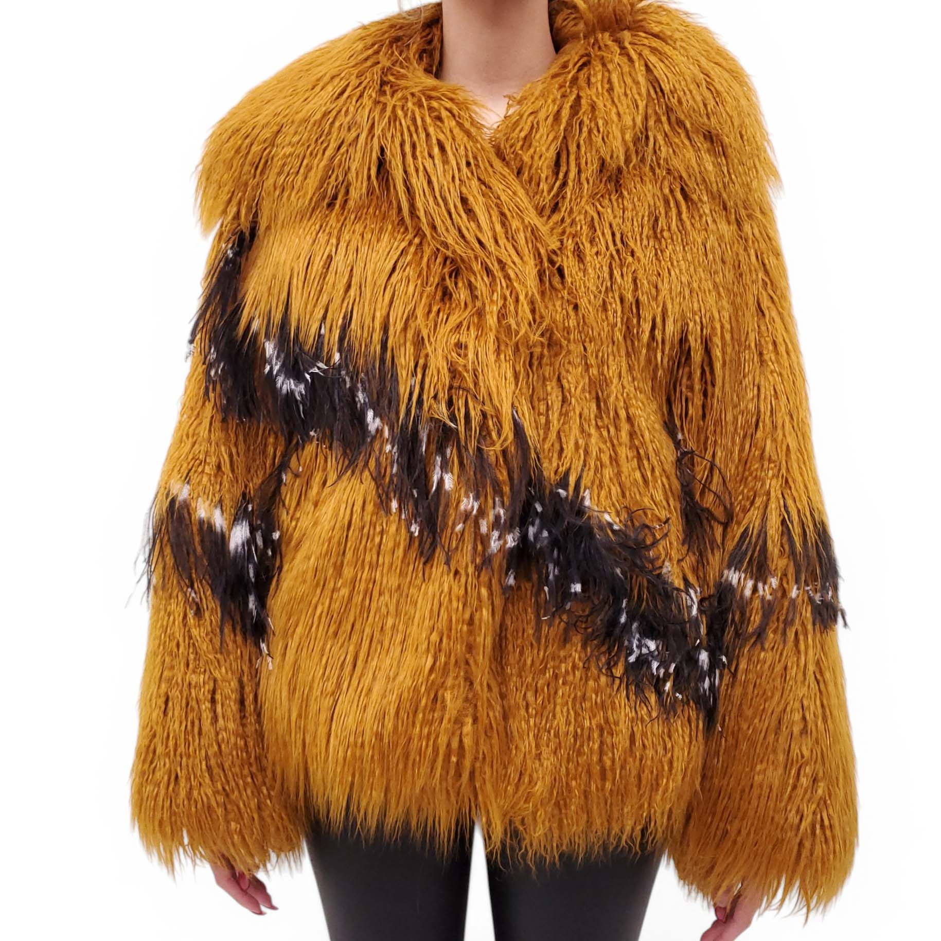 DRIES VAN NOTEN MUSTARD FAUX FUR COAT WITH BLACK FEATHERS - SIZE XS