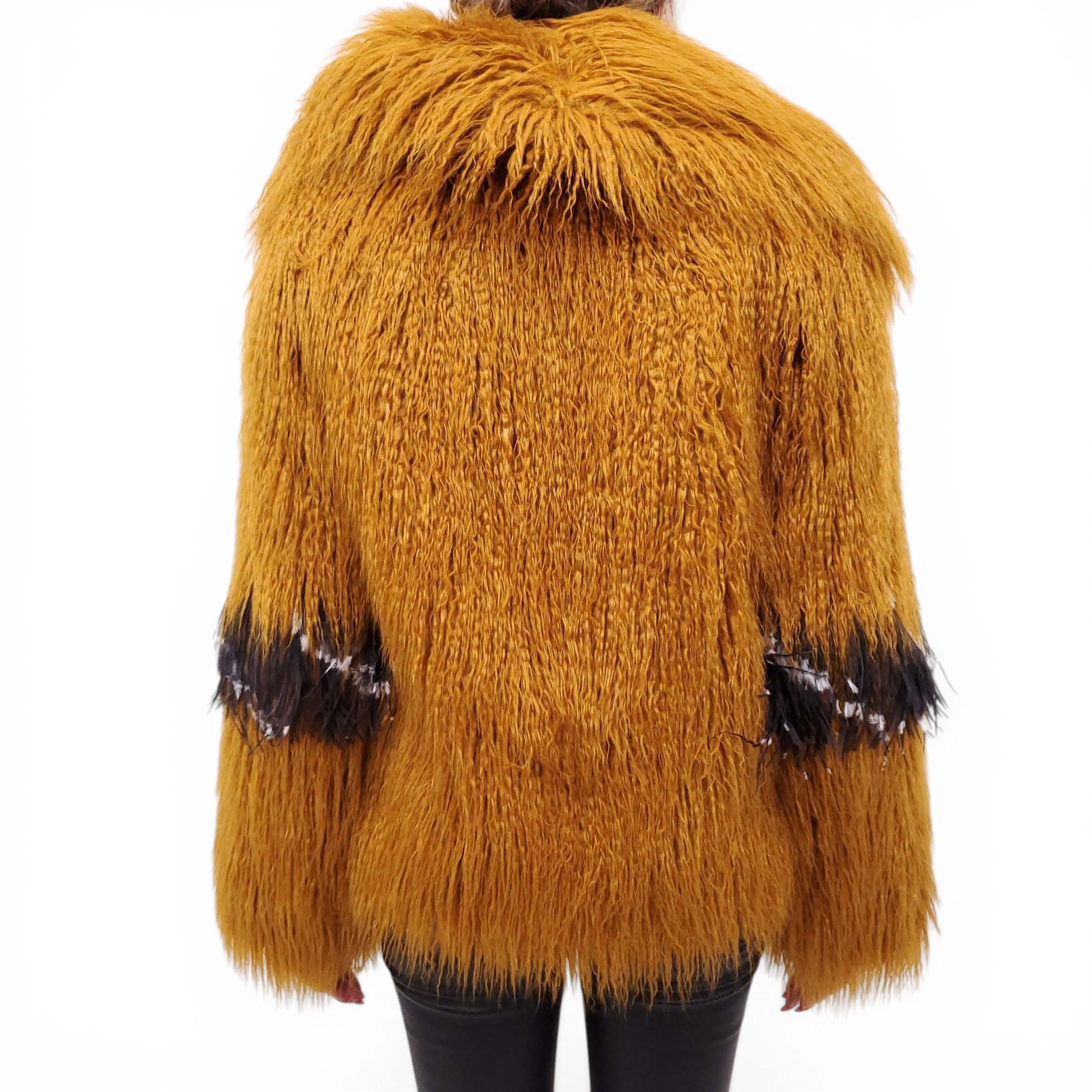 DRIES VAN NOTEN MUSTARD FAUX FUR COAT WITH BLACK FEATHERS - SIZE XS