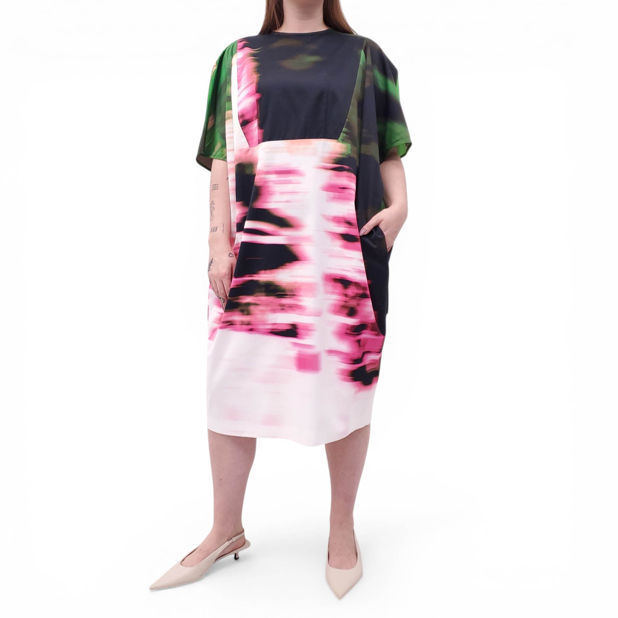 DRIES VAN NOTEN OVERSIZED GREEN, PINK AND BLACK TUNIC DRESS - SIZE 36