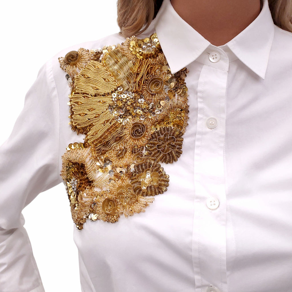DRIES VAN NOTEN WHITE BLOUSE WITH GOLD BEADING DETAIL - SIZE 40