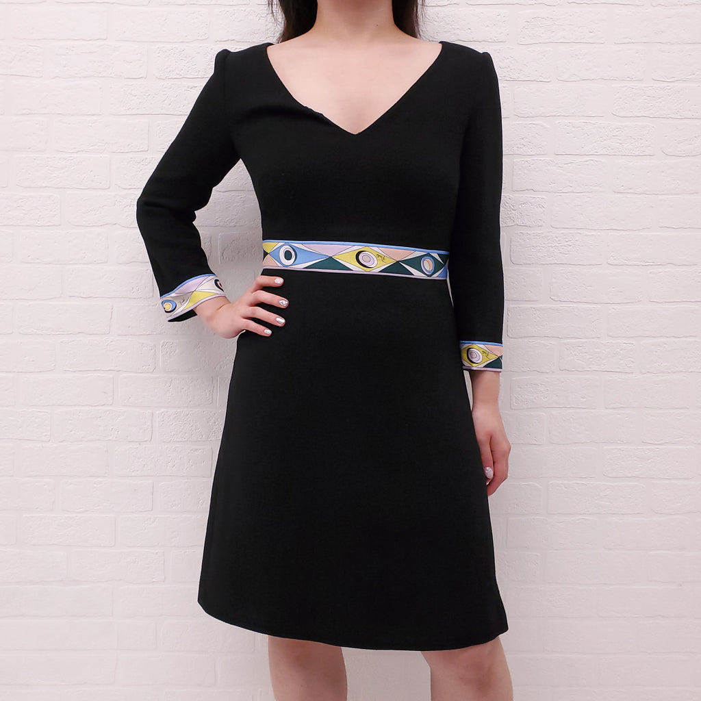 EMILIO PUCCI BLACK WOOL DRESS WITH PATTERNED DETAIL - SIZE 40