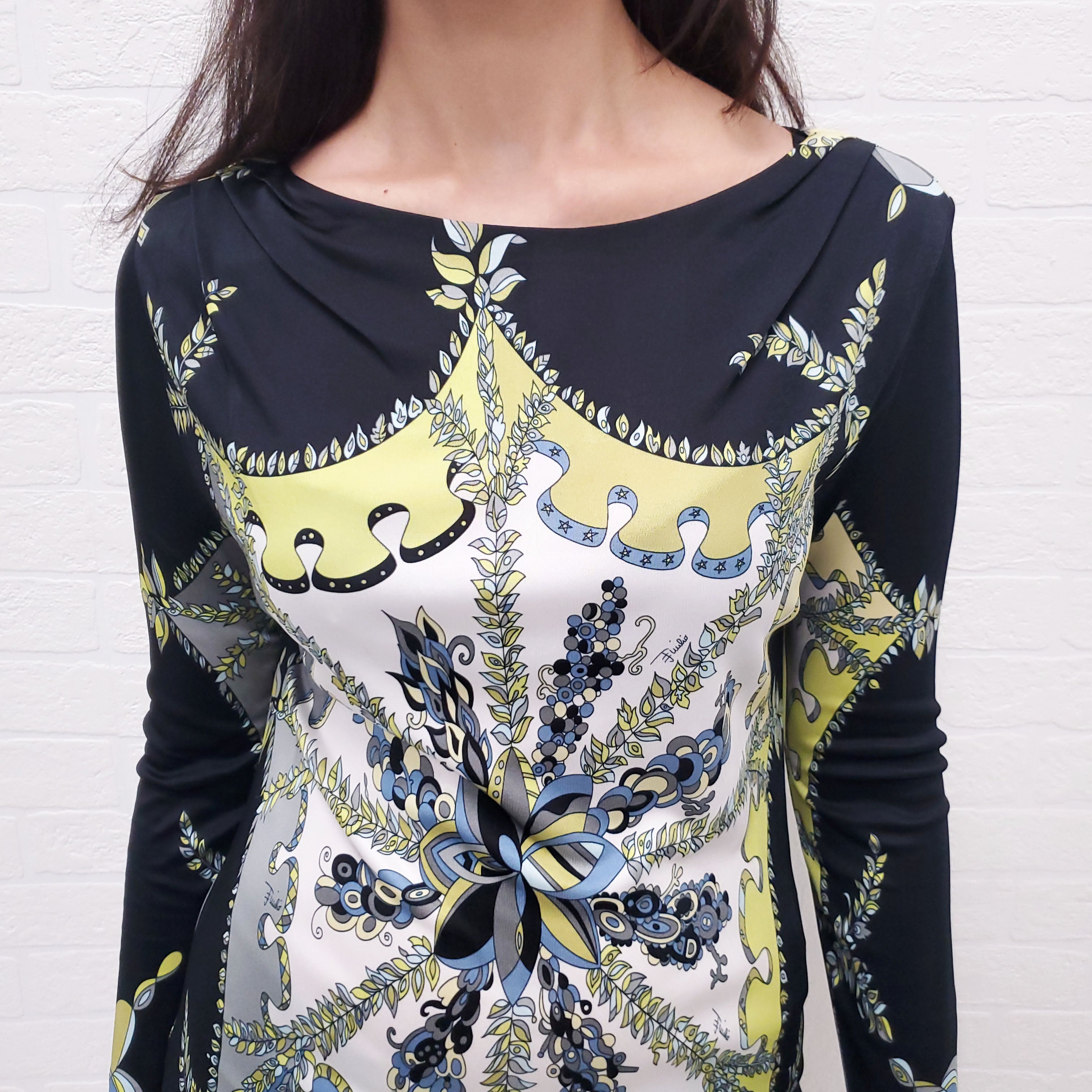 EMILIO PUCCI BLACK, YELLOW AND BLUE PATTERNED LONG SLEEVE DRESS - SIZE 46