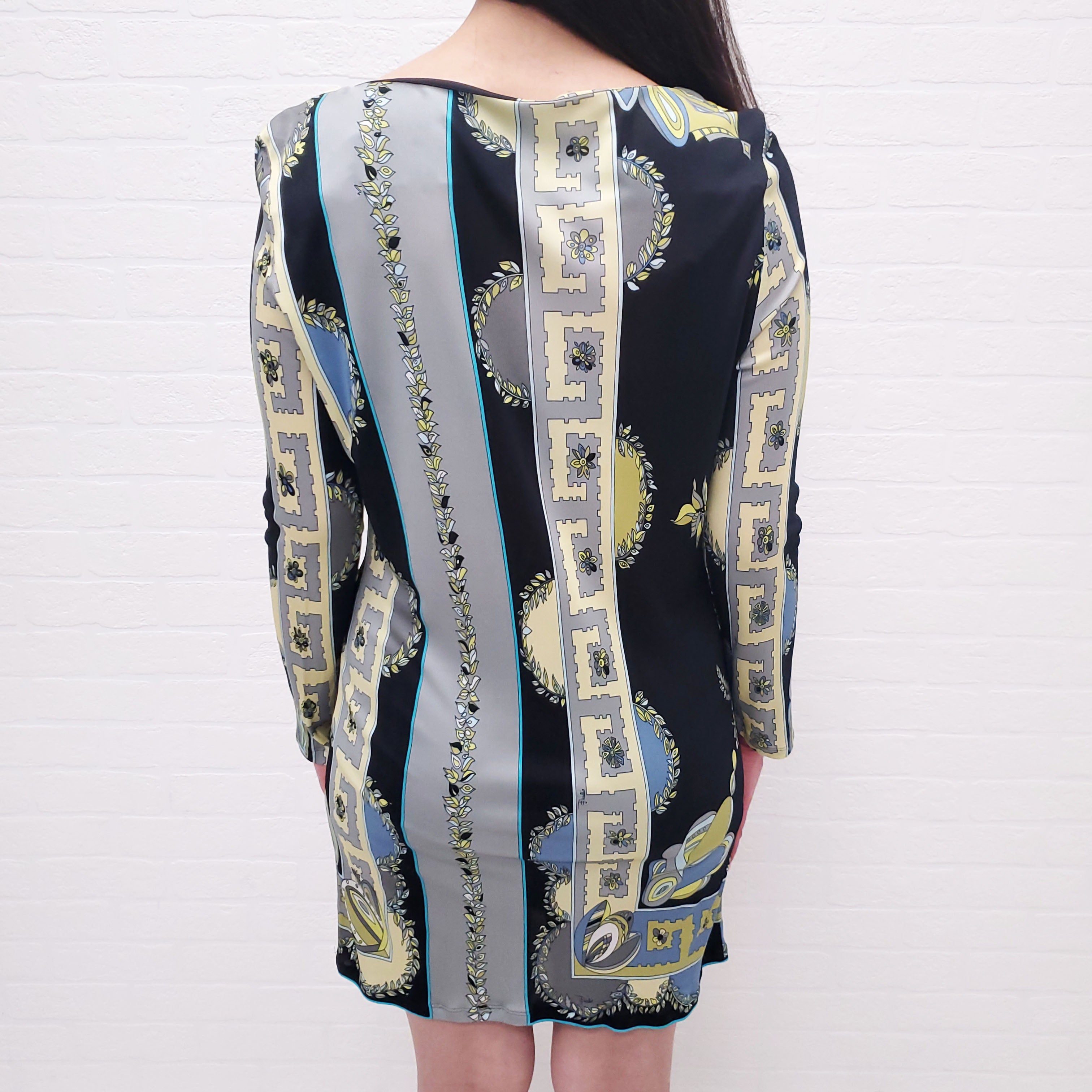 EMILIO PUCCI BLACK, YELLOW AND BLUE PATTERNED LONG SLEEVE DRESS - SIZE 46