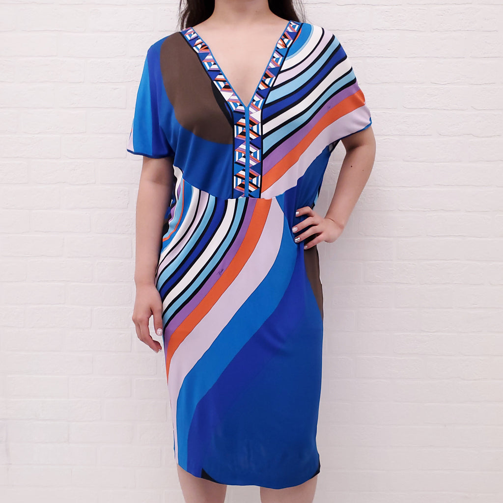 EMILIO PUCCI BLUE AND ORANGE PATTERNED DRESS - SIZE 46
