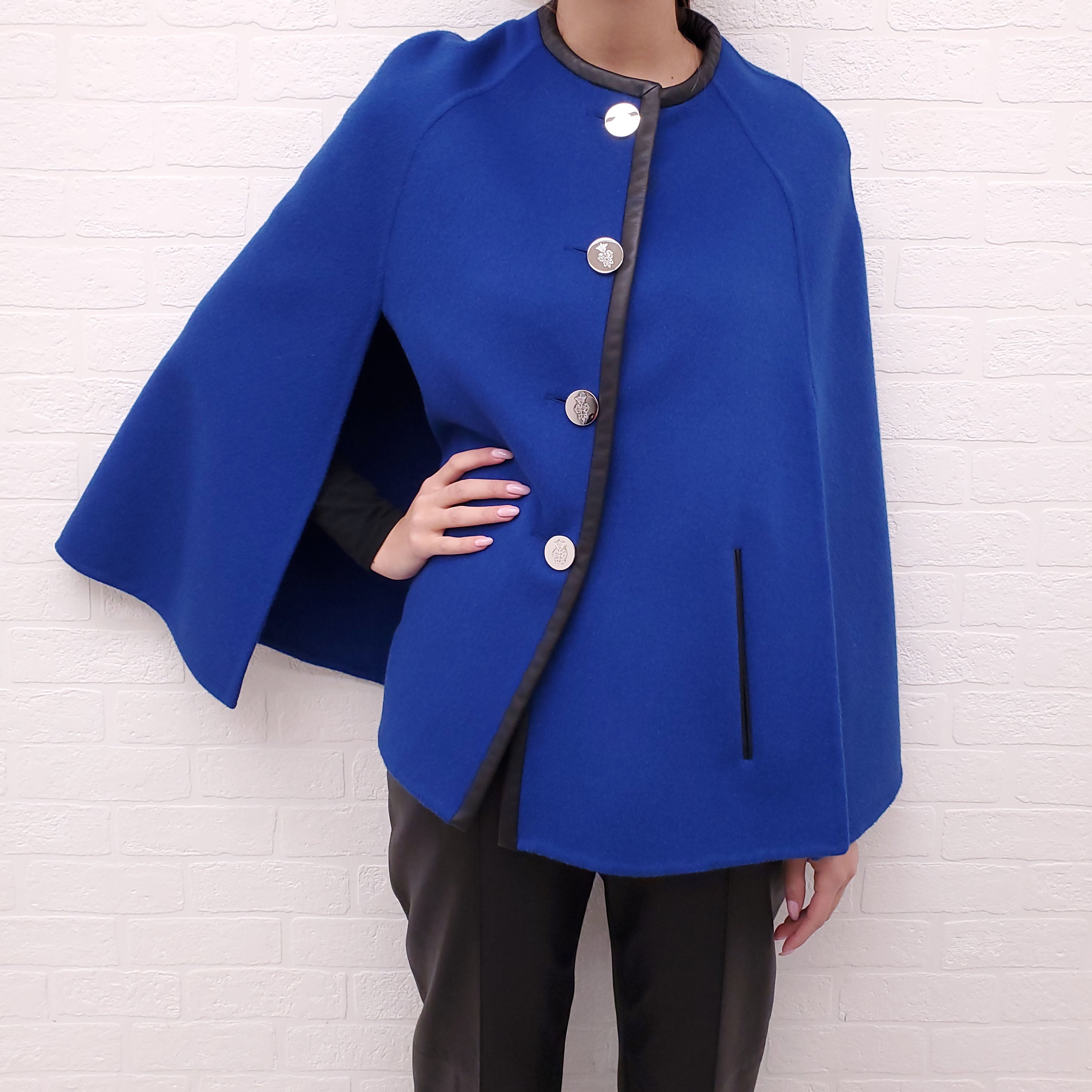 EMILIO PUCCI FUCHSIA BLUE CAPE JACKET WITH LEATHER TRIM  - US 6