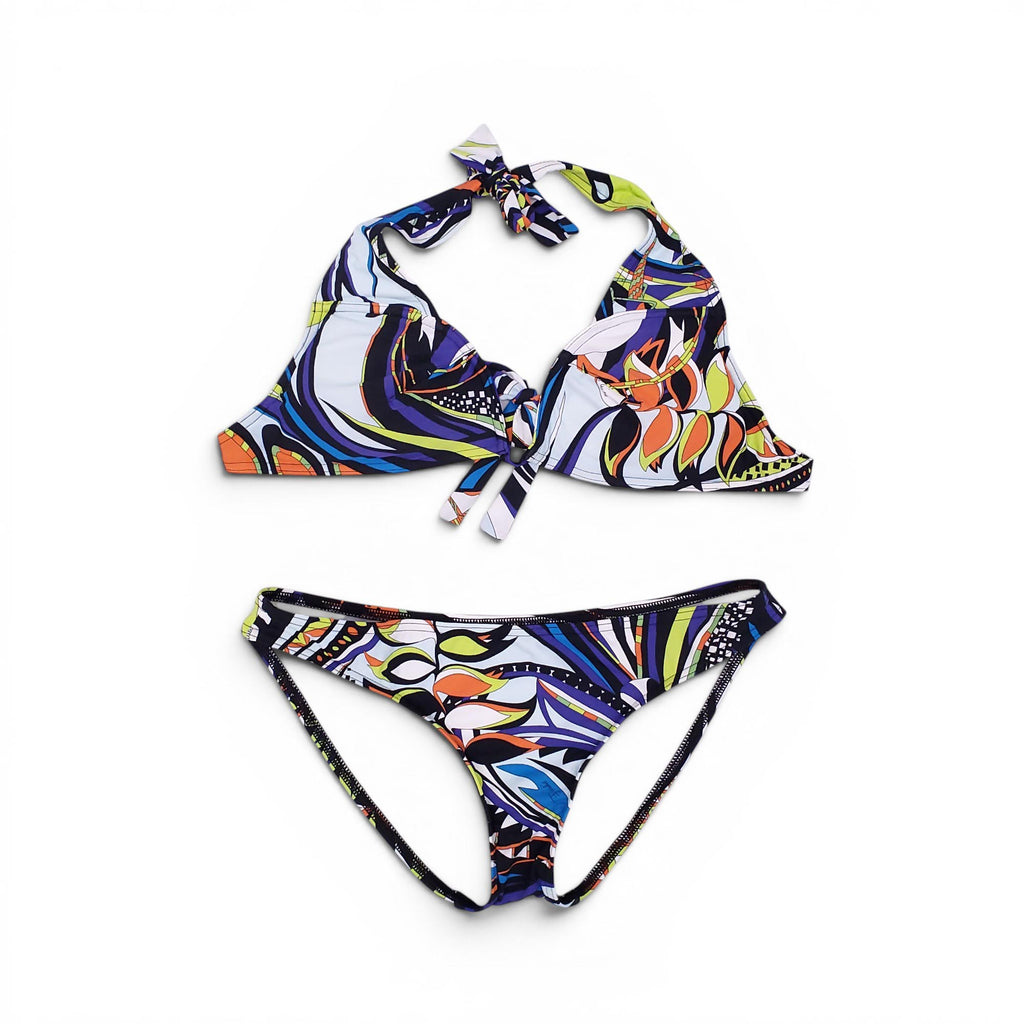 EMILIO PUCCI ORANGE, BLUE, AND NEON YELLOW PATTERNED BIKINI - SIZE 38