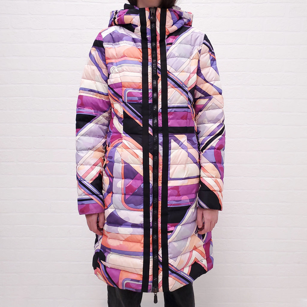 EMILIO PUCCI PINK AND PURPLE PRINTED LONG PUFFER COAT - SIZE 40
