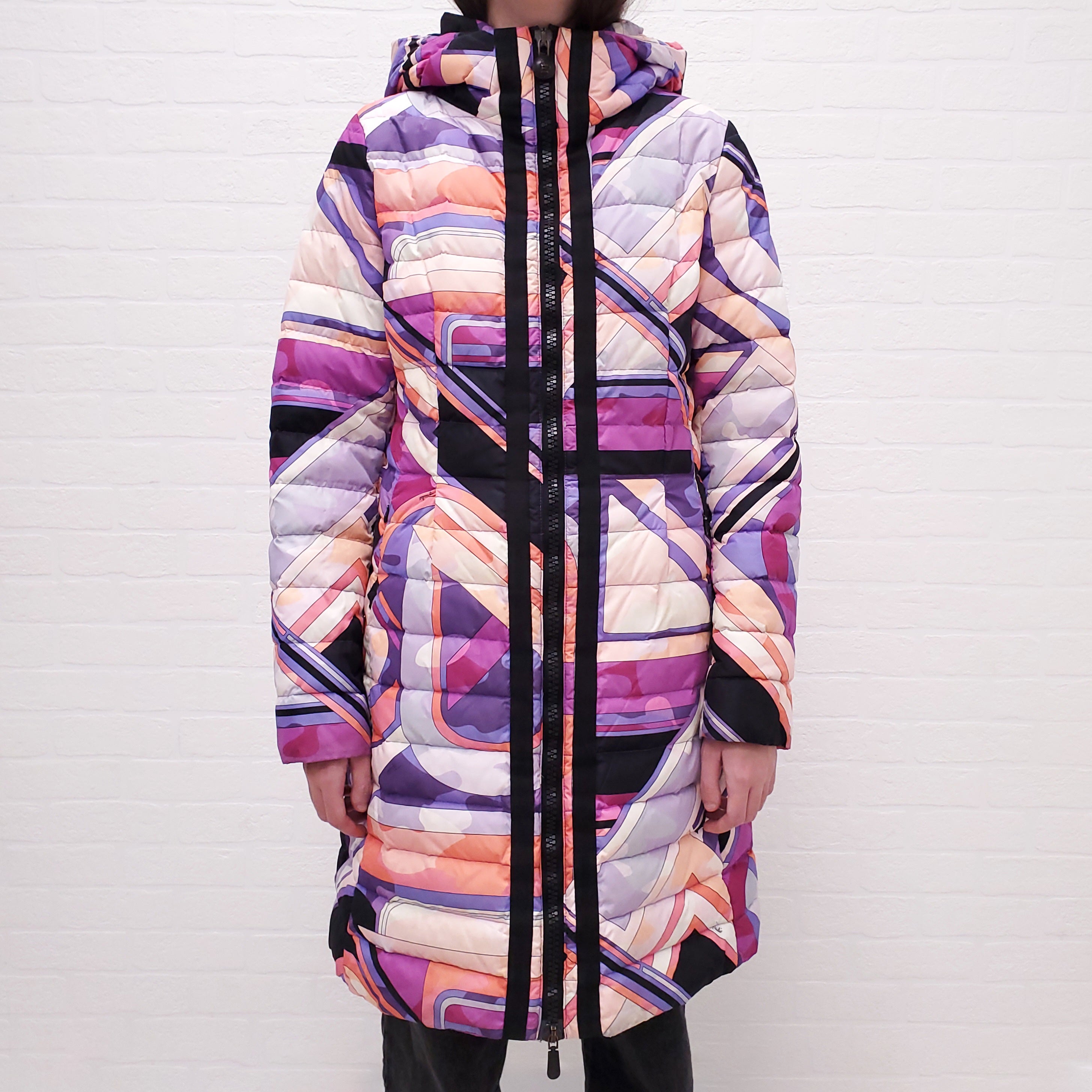 EMILIO PUCCI PINK AND PURPLE PRINTED LONG PUFFER COAT - SIZE 40