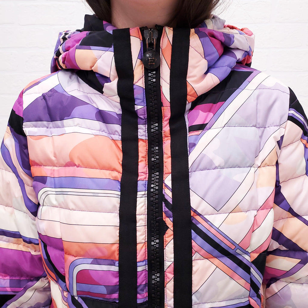 EMILIO PUCCI PINK AND PURPLE PRINTED LONG PUFFER COAT - SIZE 40