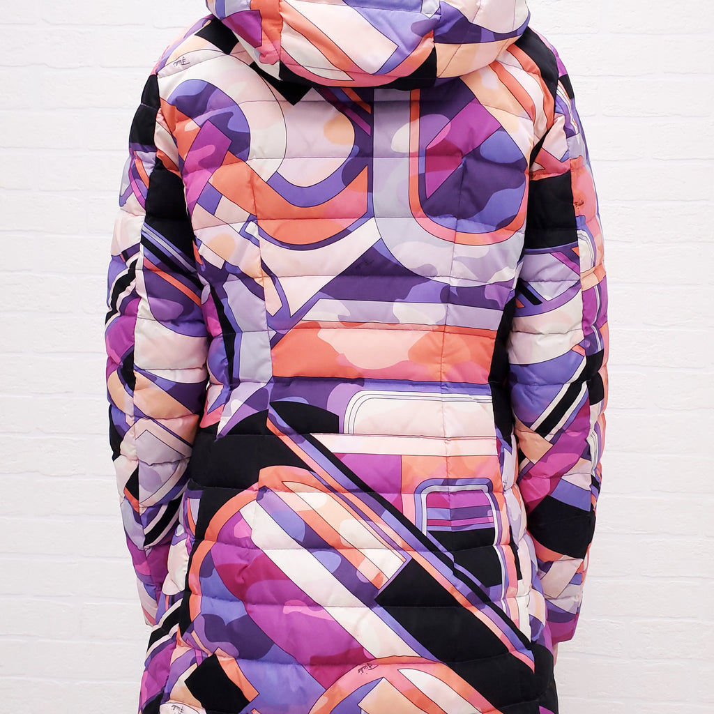 EMILIO PUCCI PINK AND PURPLE PRINTED LONG PUFFER COAT - SIZE 40