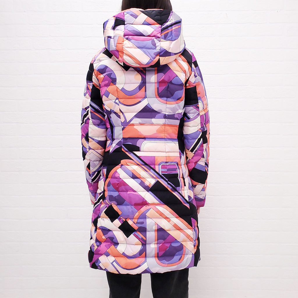 EMILIO PUCCI PINK AND PURPLE PRINTED LONG PUFFER COAT - SIZE 40