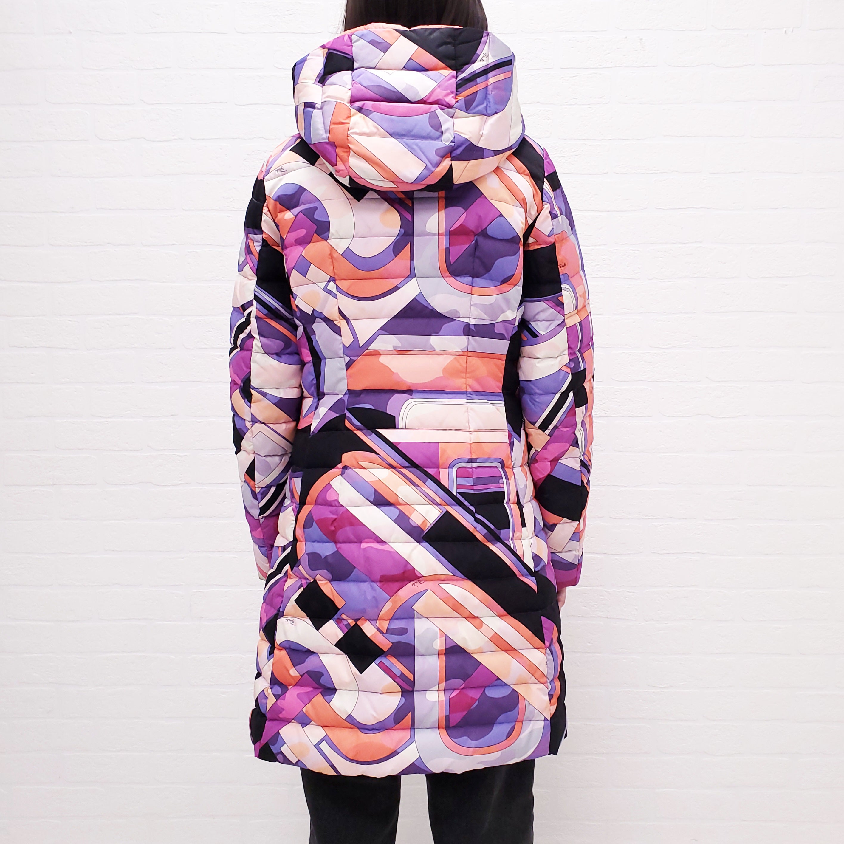EMILIO PUCCI PINK AND PURPLE PRINTED LONG PUFFER COAT - SIZE 40