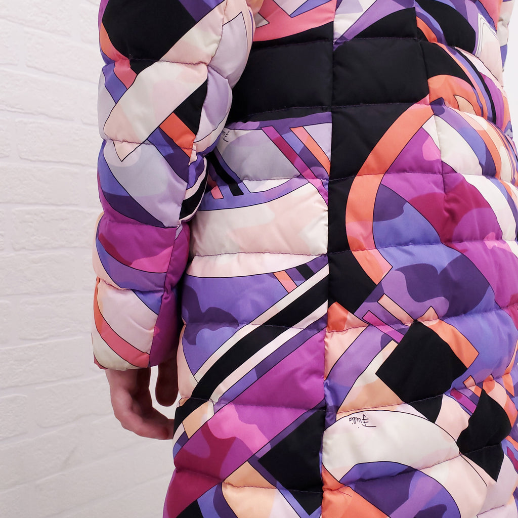 EMILIO PUCCI PINK AND PURPLE PRINTED LONG PUFFER COAT - SIZE 40