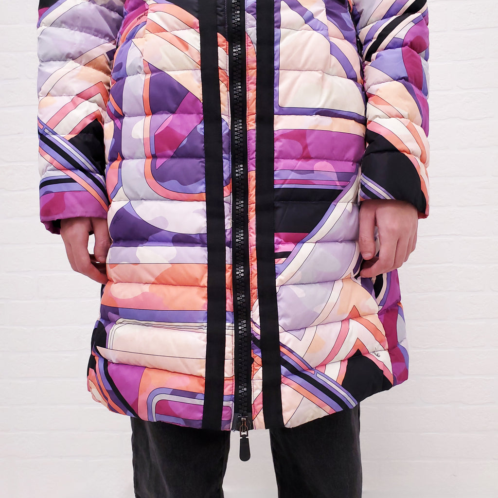 EMILIO PUCCI PINK AND PURPLE PRINTED LONG PUFFER COAT - SIZE 40