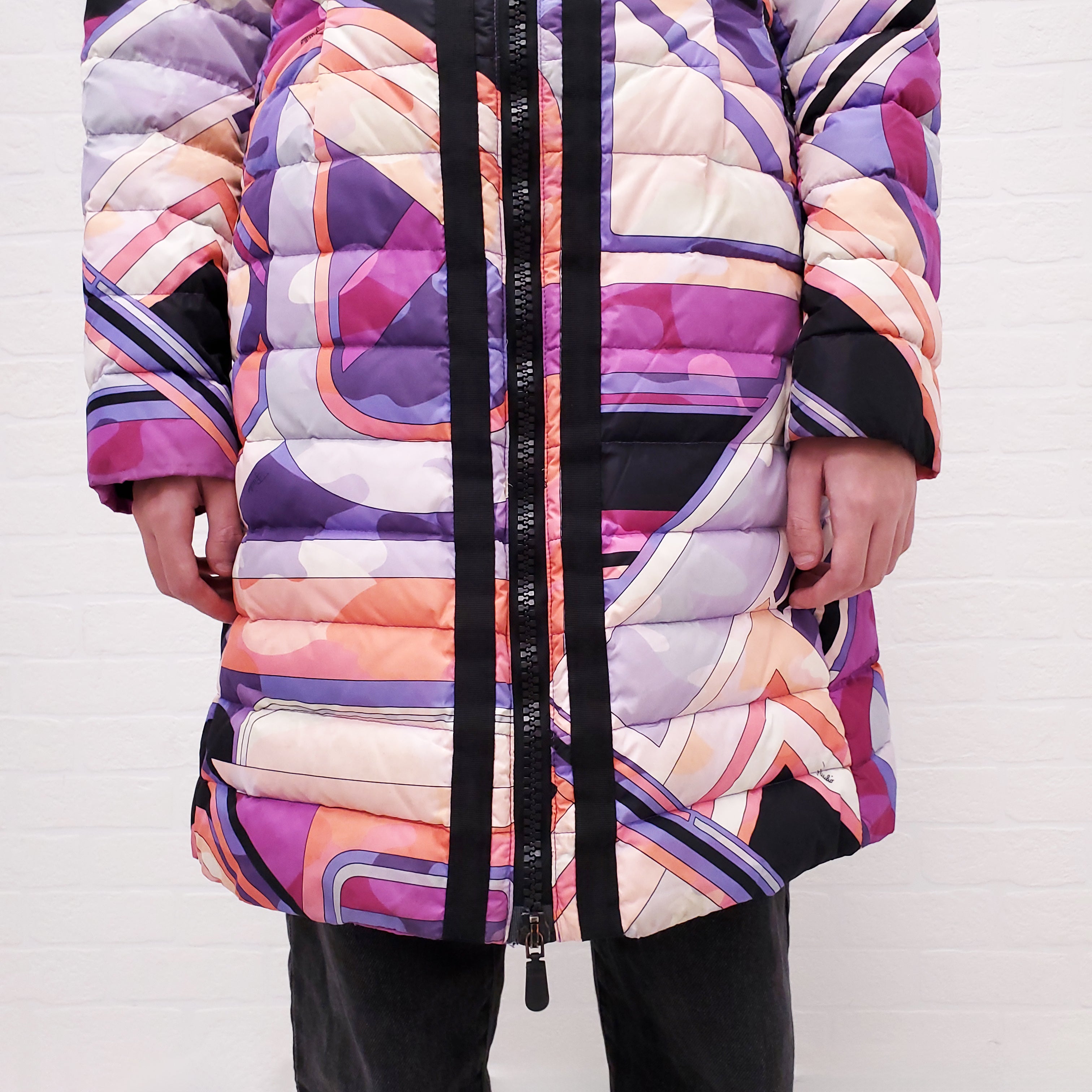 EMILIO PUCCI PINK AND PURPLE PRINTED LONG PUFFER COAT - SIZE 40