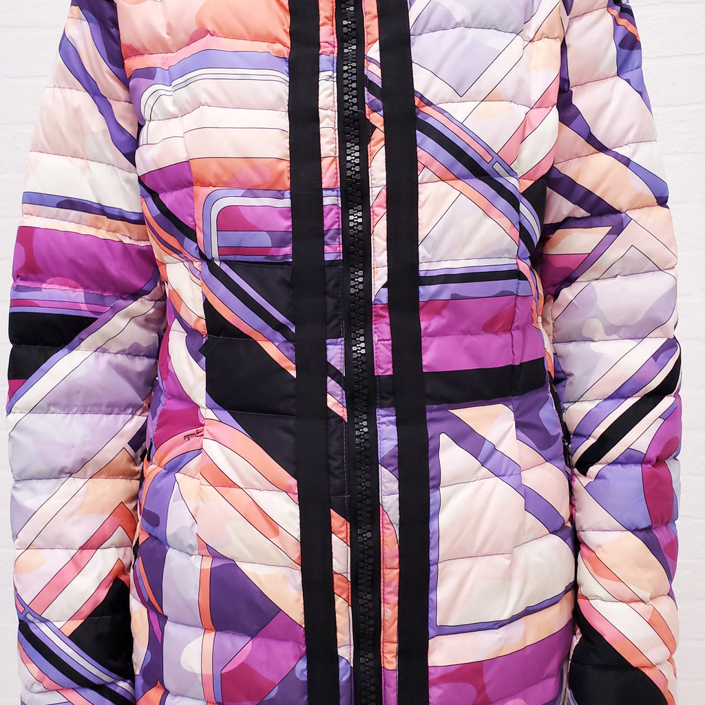 EMILIO PUCCI PINK AND PURPLE PRINTED LONG PUFFER COAT - SIZE 40