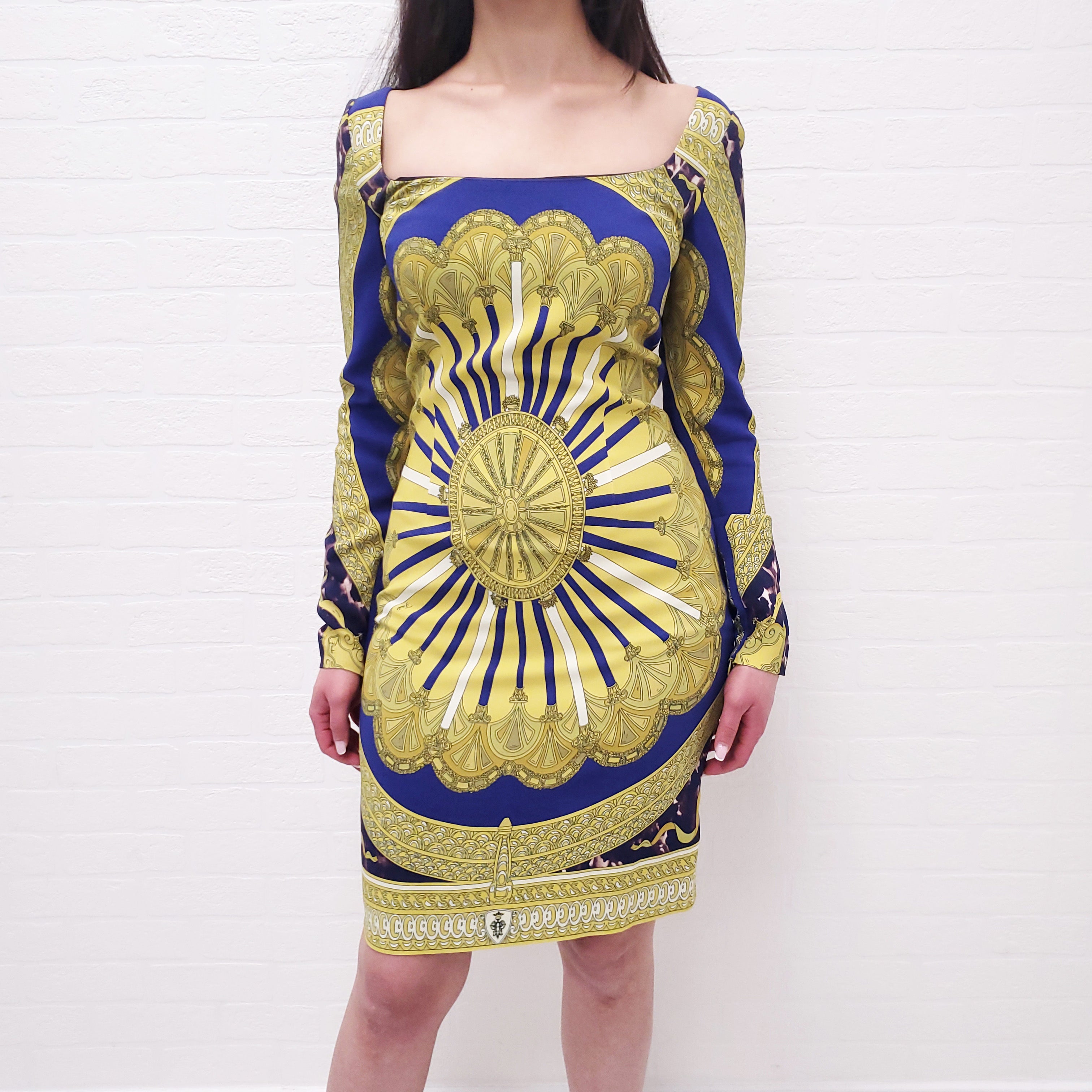 EMILIO PUCCI PURPLE AND YELLOW PATTERNED LONG SLEEVE DRESS - SIZE 42