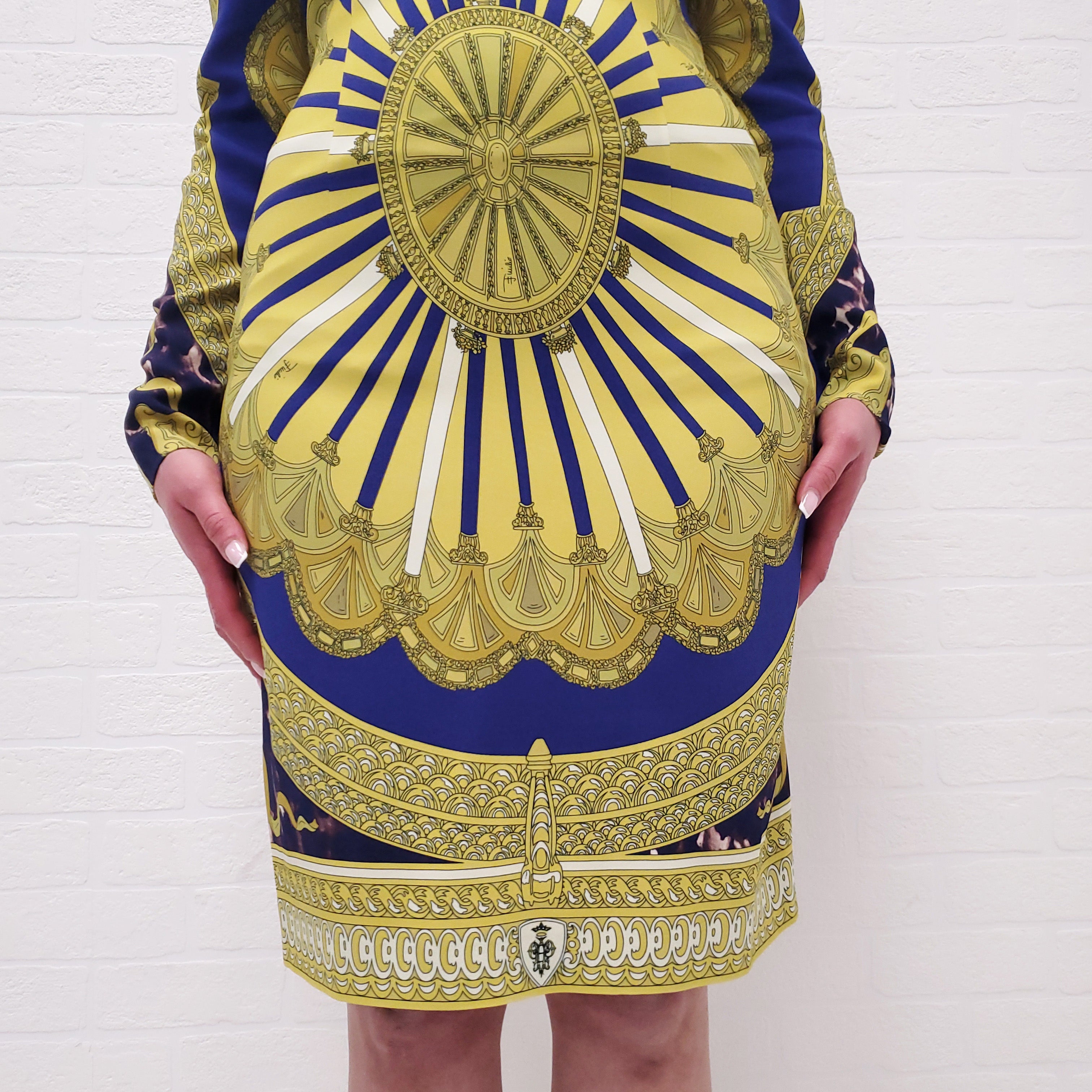EMILIO PUCCI PURPLE AND YELLOW PATTERNED LONG SLEEVE DRESS - SIZE 42