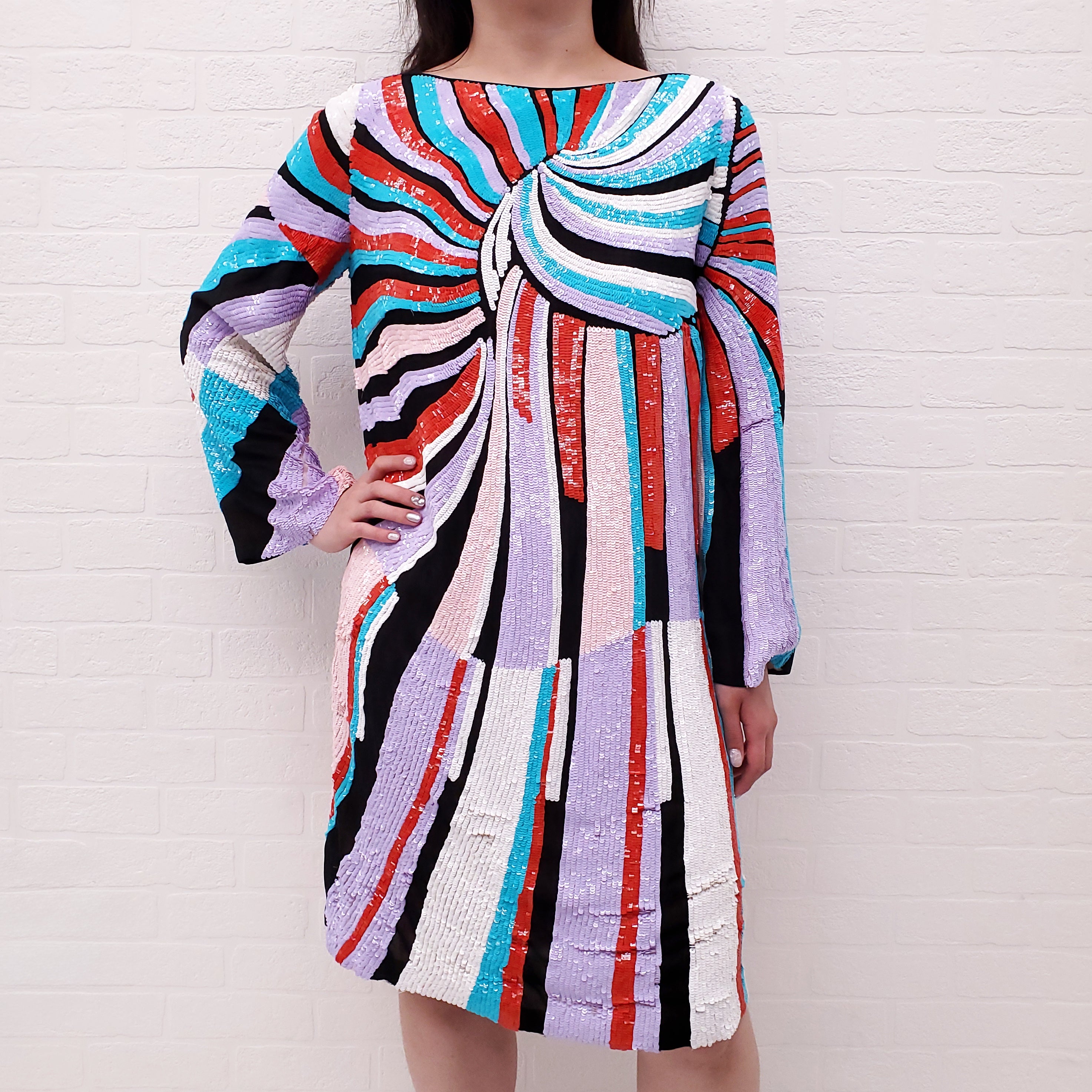 EMILIO PUCCI RUNWAY SEQUIN EMBELLISHED PATTERNED LONG SLEEVE MINI DRESS - SIZE 42