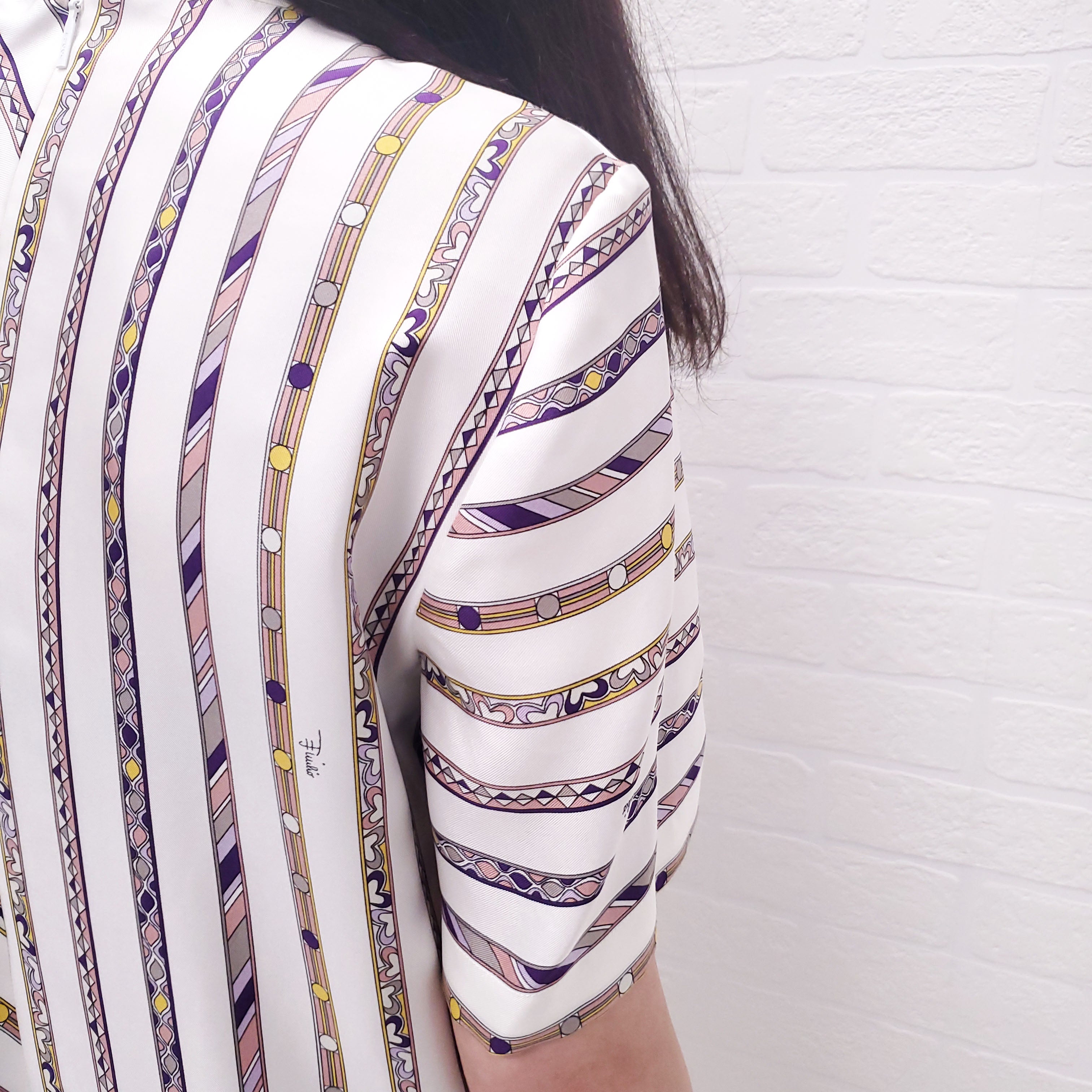 EMILIO PUCCI WHITE PATTERNED STRIPE SHORT SLEEVE DRESS - SIZE 44