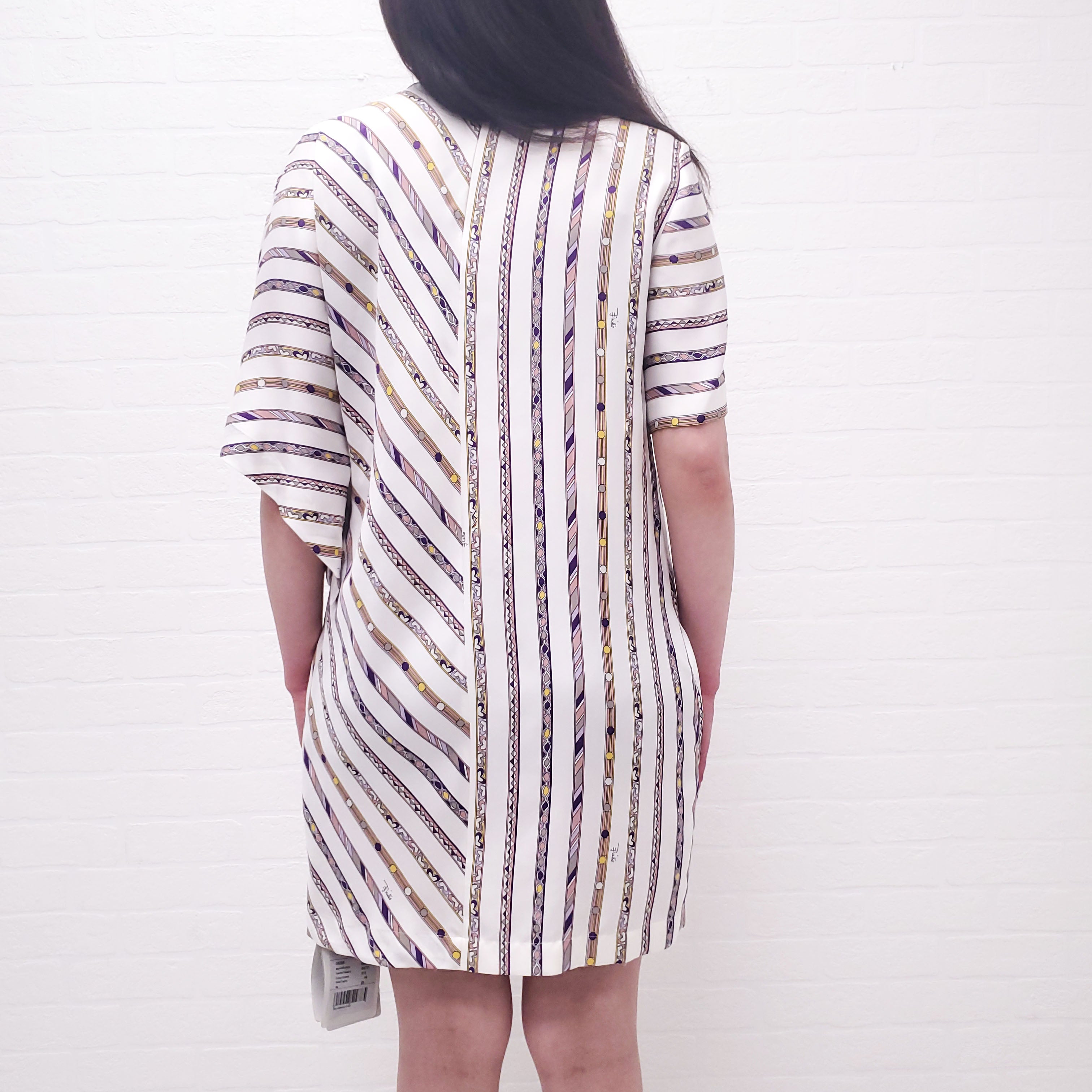 EMILIO PUCCI WHITE PATTERNED STRIPE SHORT SLEEVE DRESS - SIZE 44