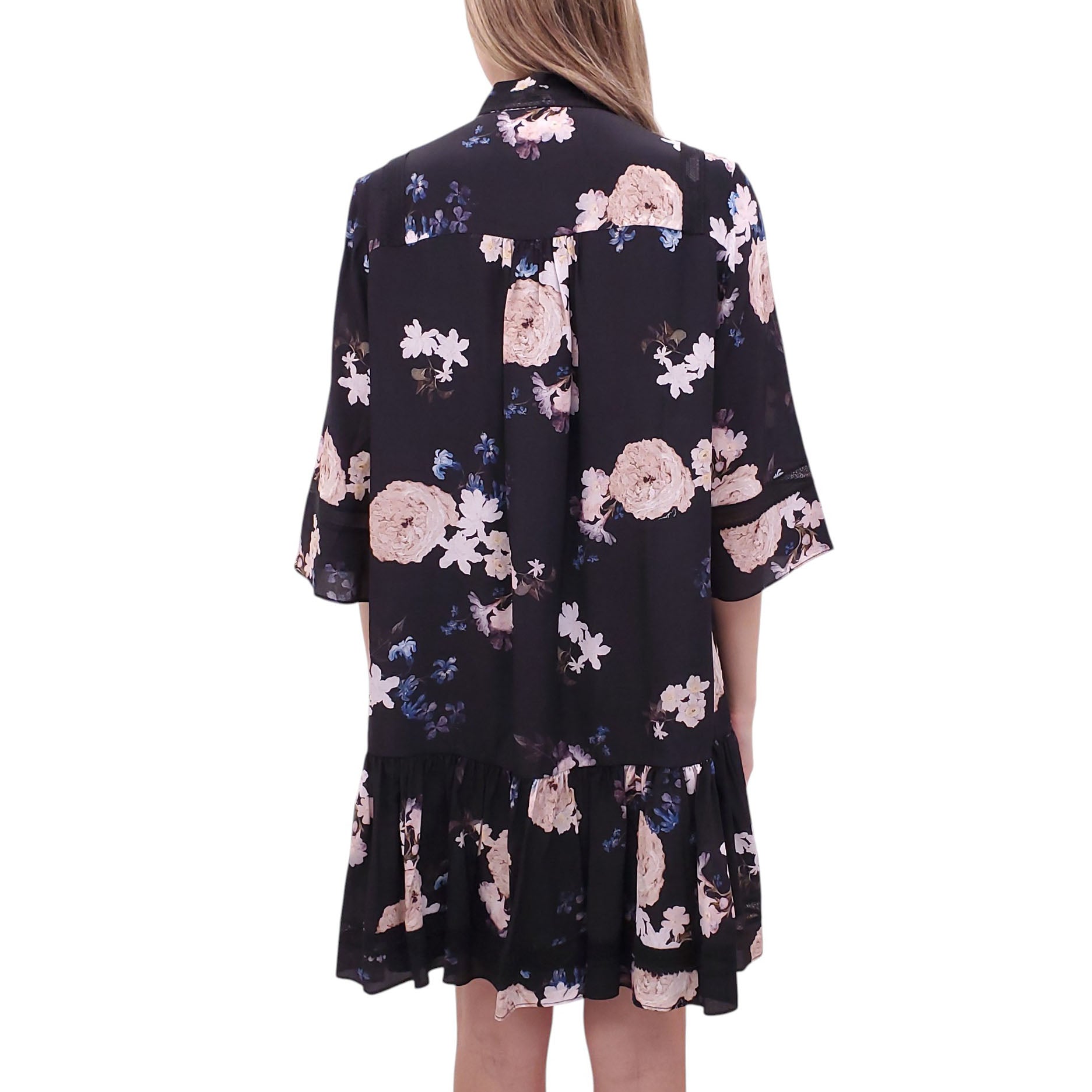 ERDEM BLACK FLORAL EMBROIDERED STRIPED RUFFLE DRESS - SIZE 2