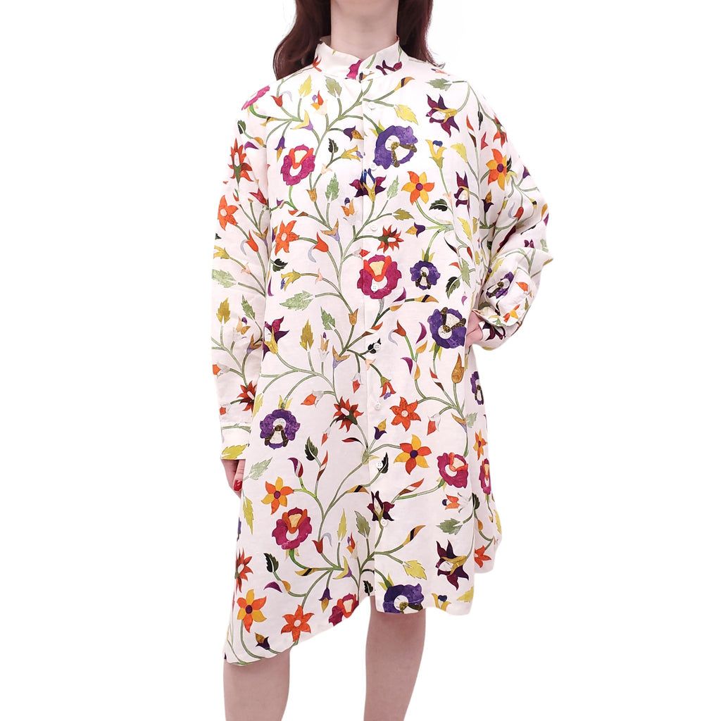 ESKANDAR OVERSIZED FLORAL LINEN TUNIC DRESS - SIZE 1/S