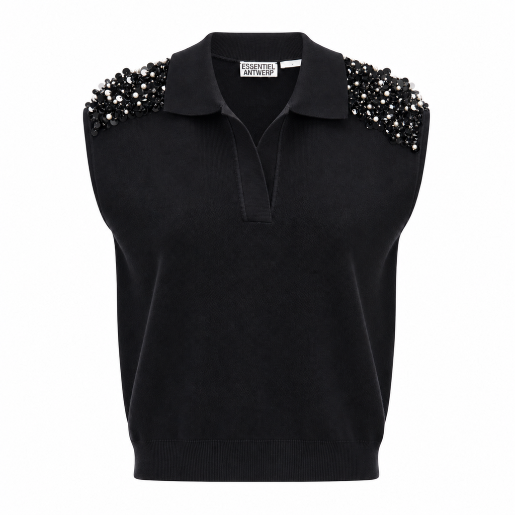 ESSENTIEL ANTWERP BLACK SLEEVELESS SWEATER WITH SEQUIN PEARL DETAIL - SIZE S