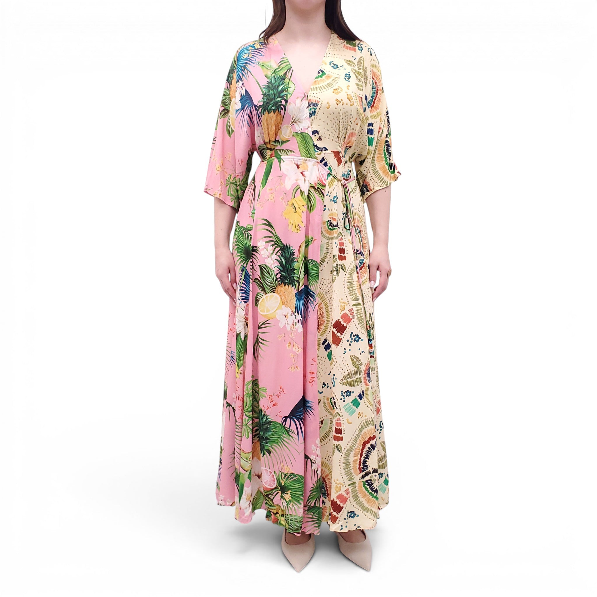 FARM RIO YELLOW AND PINK PATTERNED DRESS - SIZE S