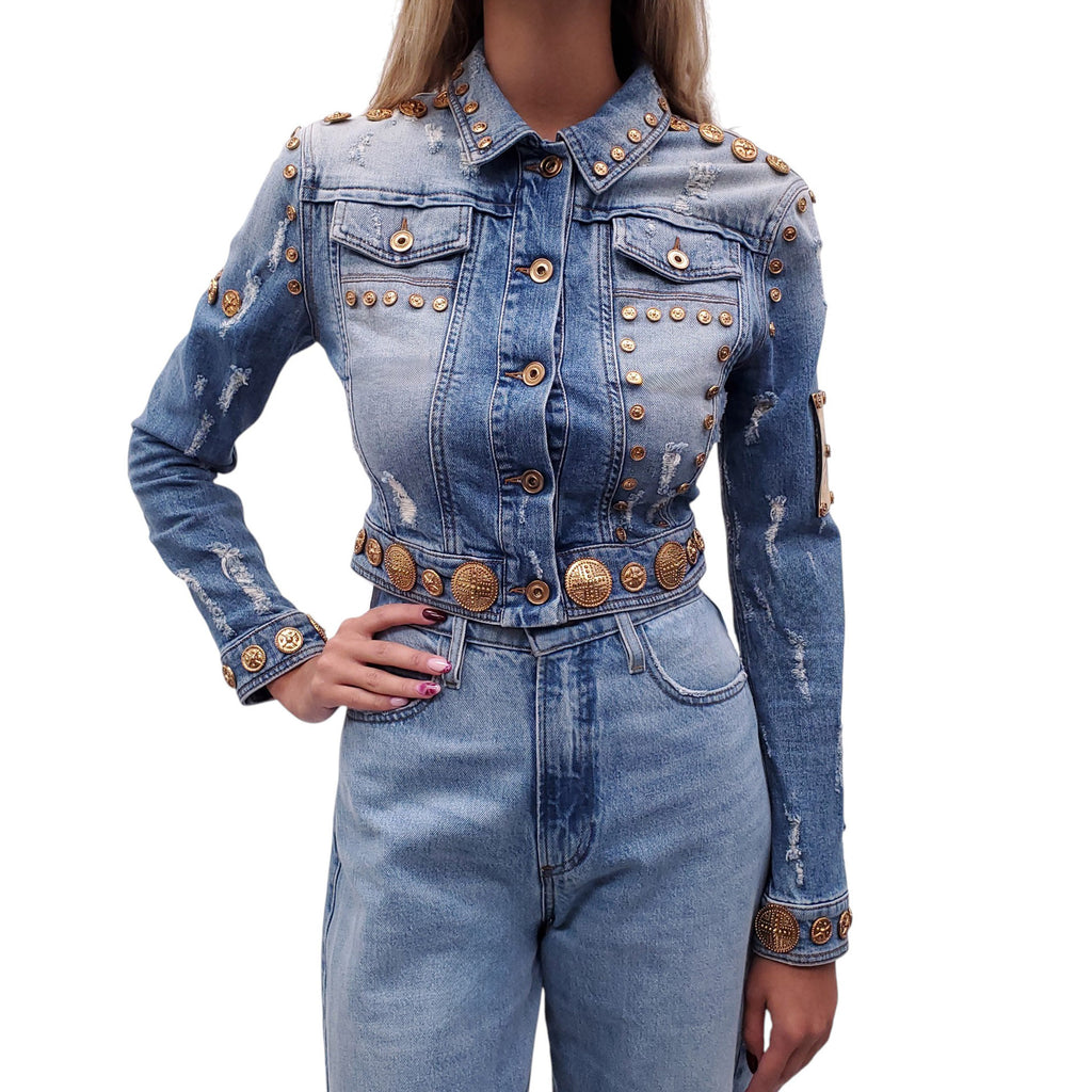 FAUSTO PUGLISI DENIM AND GOLD MEDALLION JACKET - SIZE 40