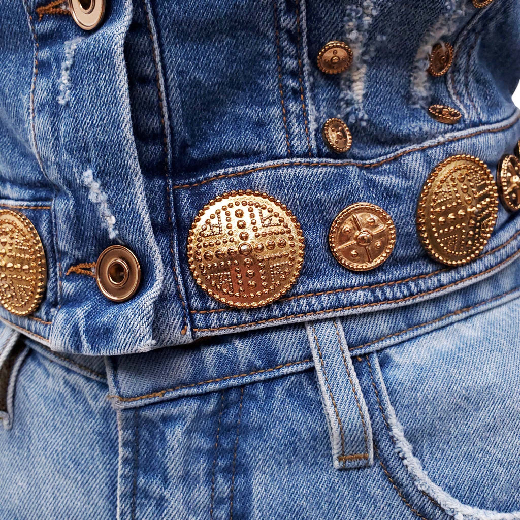 FAUSTO PUGLISI DENIM AND GOLD MEDALLION JACKET - SIZE 40
