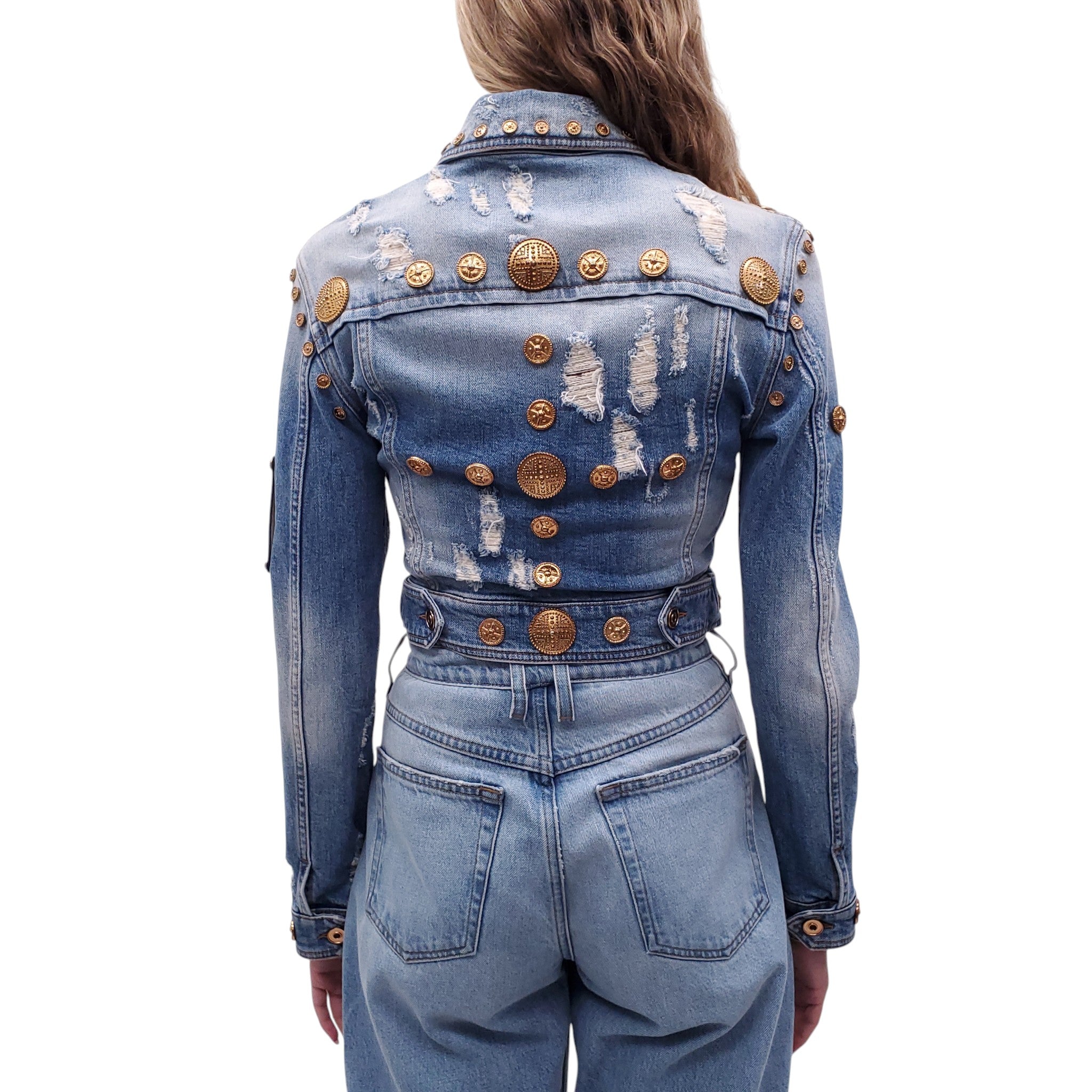 FAUSTO PUGLISI DENIM AND GOLD MEDALLION JACKET - SIZE 40