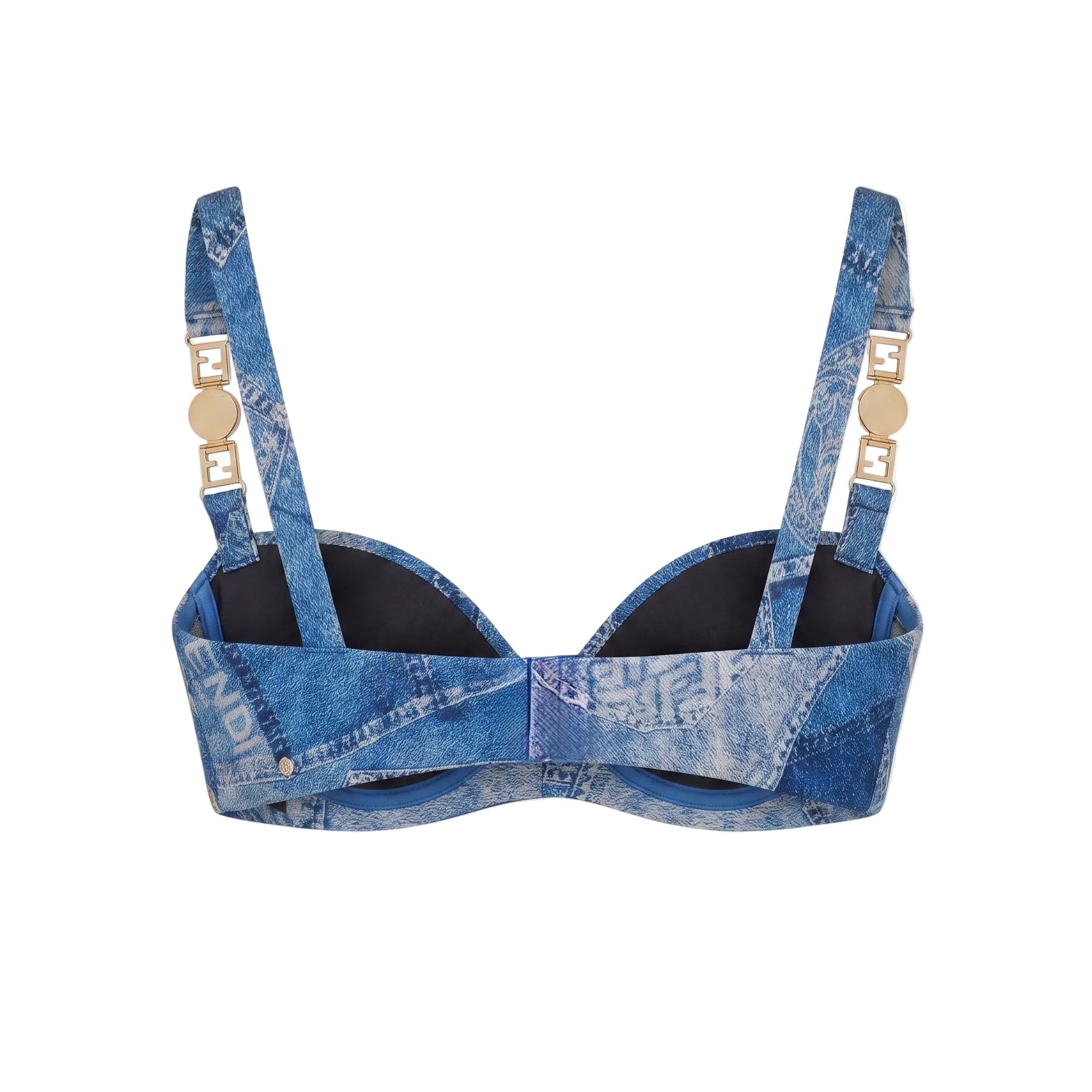 FENDACE DENIM PATCHWORK BRA WITH GOLD LOGO DETAIL - SIZE 2B