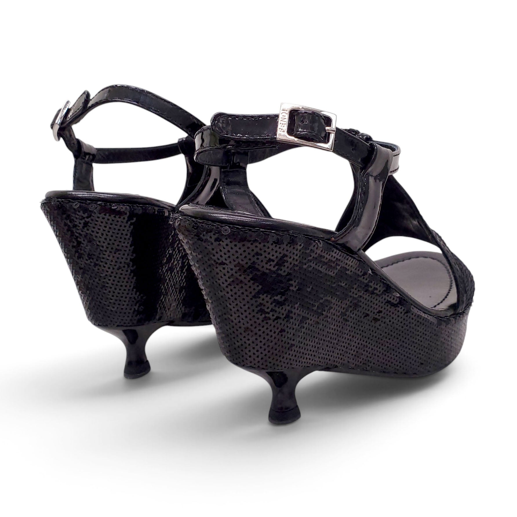 FENDI BLACK SEQUIN WEDGE KITTEN HEELS - SIZE 36.5