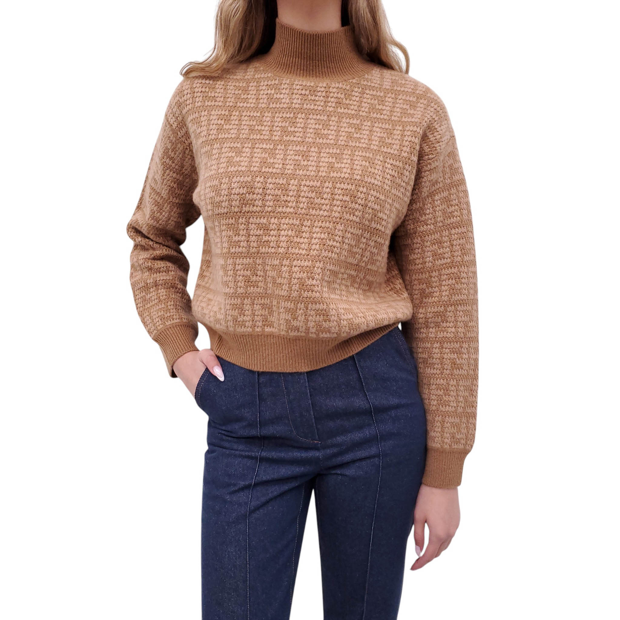 FENDI CAMEL FF LOGO CASHMERE SWEATER - SIZE 38
