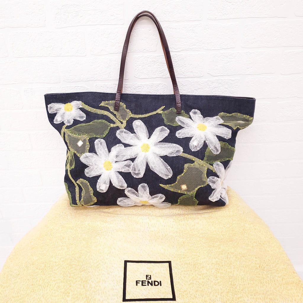FENDI DENIM FLORAL MESH TOTE
